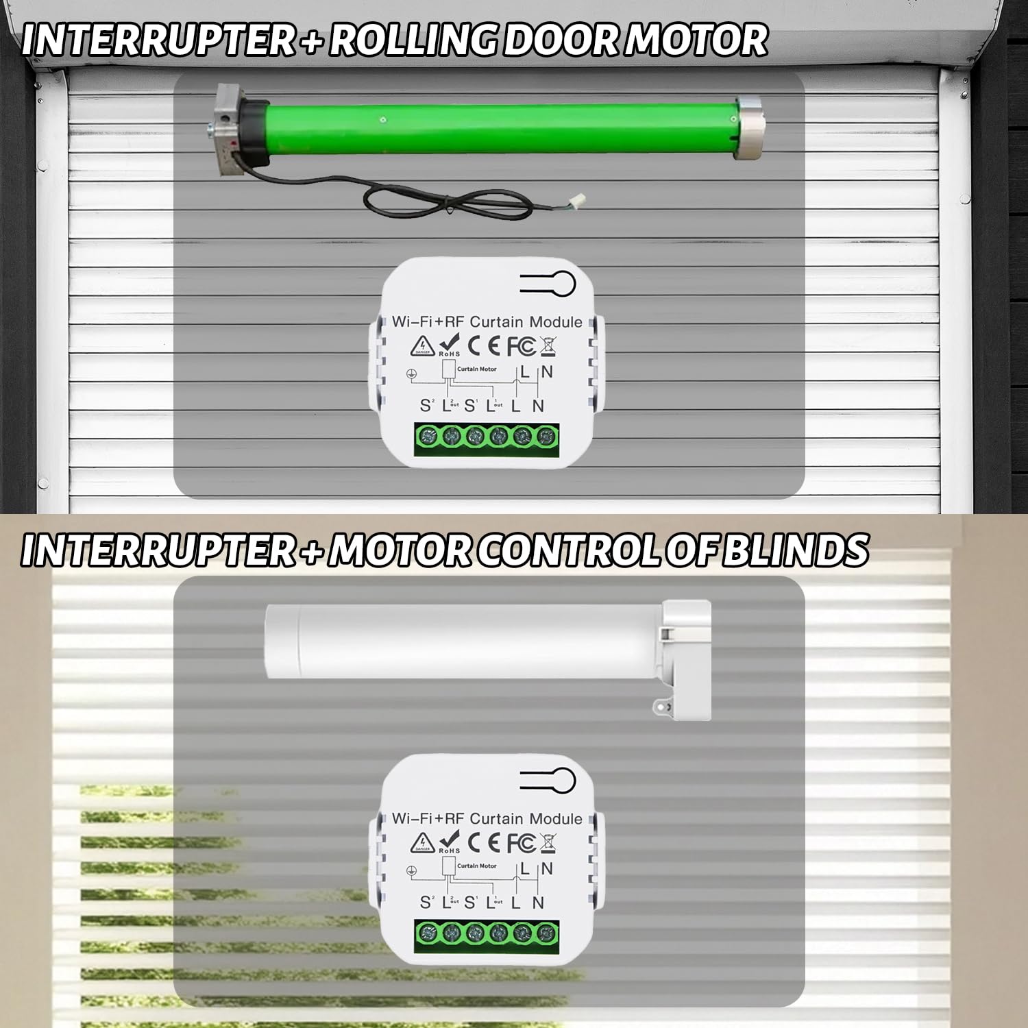 2 Pièces Kit Interrupteur Sans Fil, Interrupteur Volet Roulant Connecté Avec RF Télécommande et Module de Réception, pour Commande de Rideau ÉLectrique, Module Volet Roulant Connecté