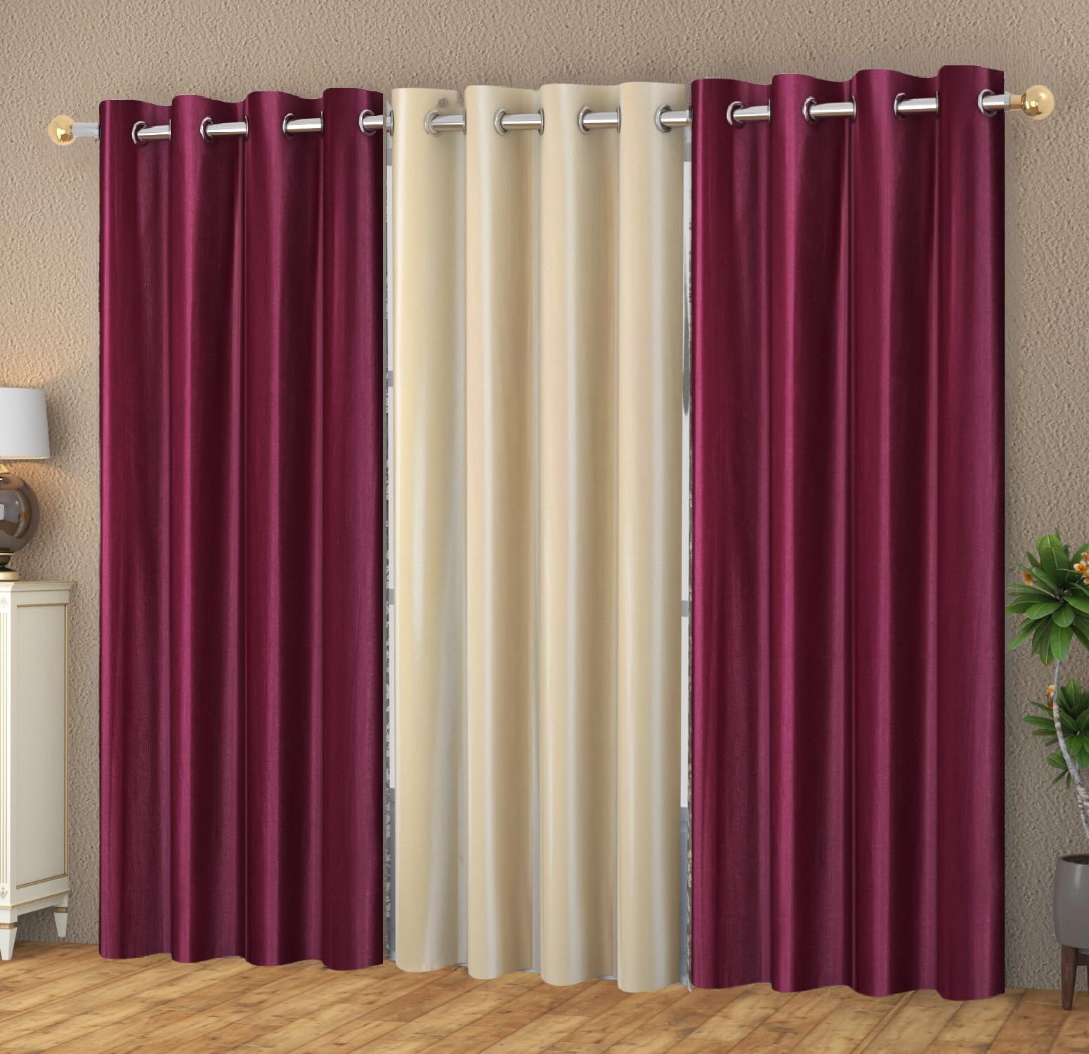 YUKANY Eyelet Polyester Modern Solid Crush Set of 3 Pcs. Door Curtains (7 Feet, 2 Wine + 1 Cream)