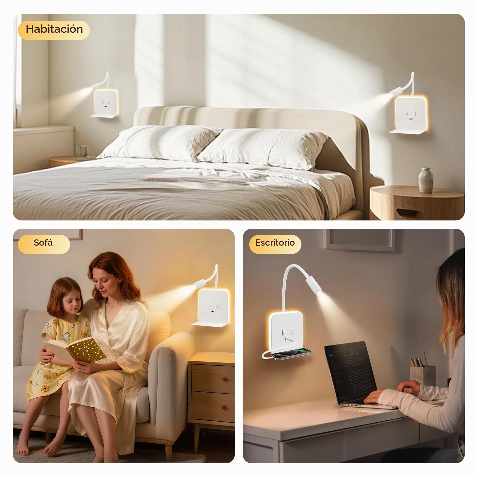 lampara de Pared LED 3W + 9W 3000K, lampara cabecero Cama con Puerto Cargadores USB y Bandeja para teléfono móvil, Apliques Pared Dormitorio Cuello de Cisne de 360°(Weiß, 2 Stück)