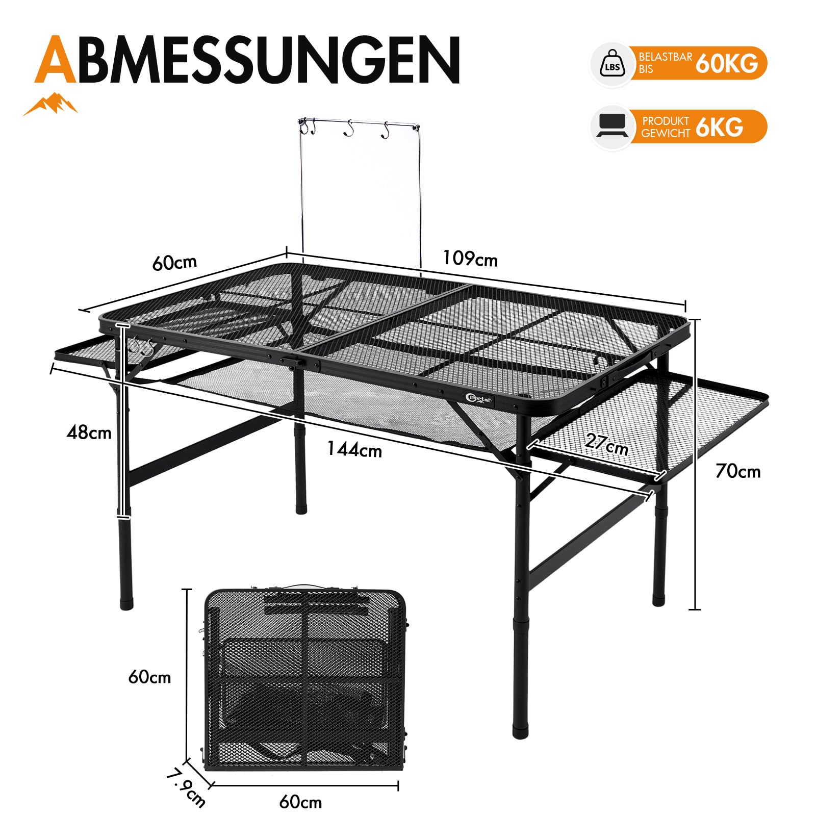 Campingtisch faltbar Grilltisch klappbar 144x60cm groß stabil Outdoor | Eisen-Mesh, wasserfest, hitzebeständig, feuerfest, 2 Höhen, 4-6 prosonen, multifunktionale Zonen, groß, stabil