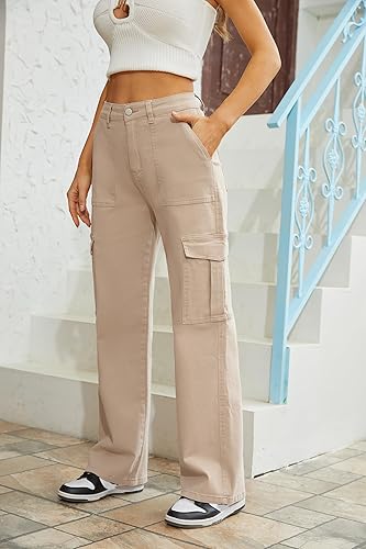 Miniatura 5 de QYANGG - Pantalones cargo de cintura alta elásticos para mujer, holgados, múltiples bolsillos, ajuste relajado, pierna recta y ancha, pantalones Y2K