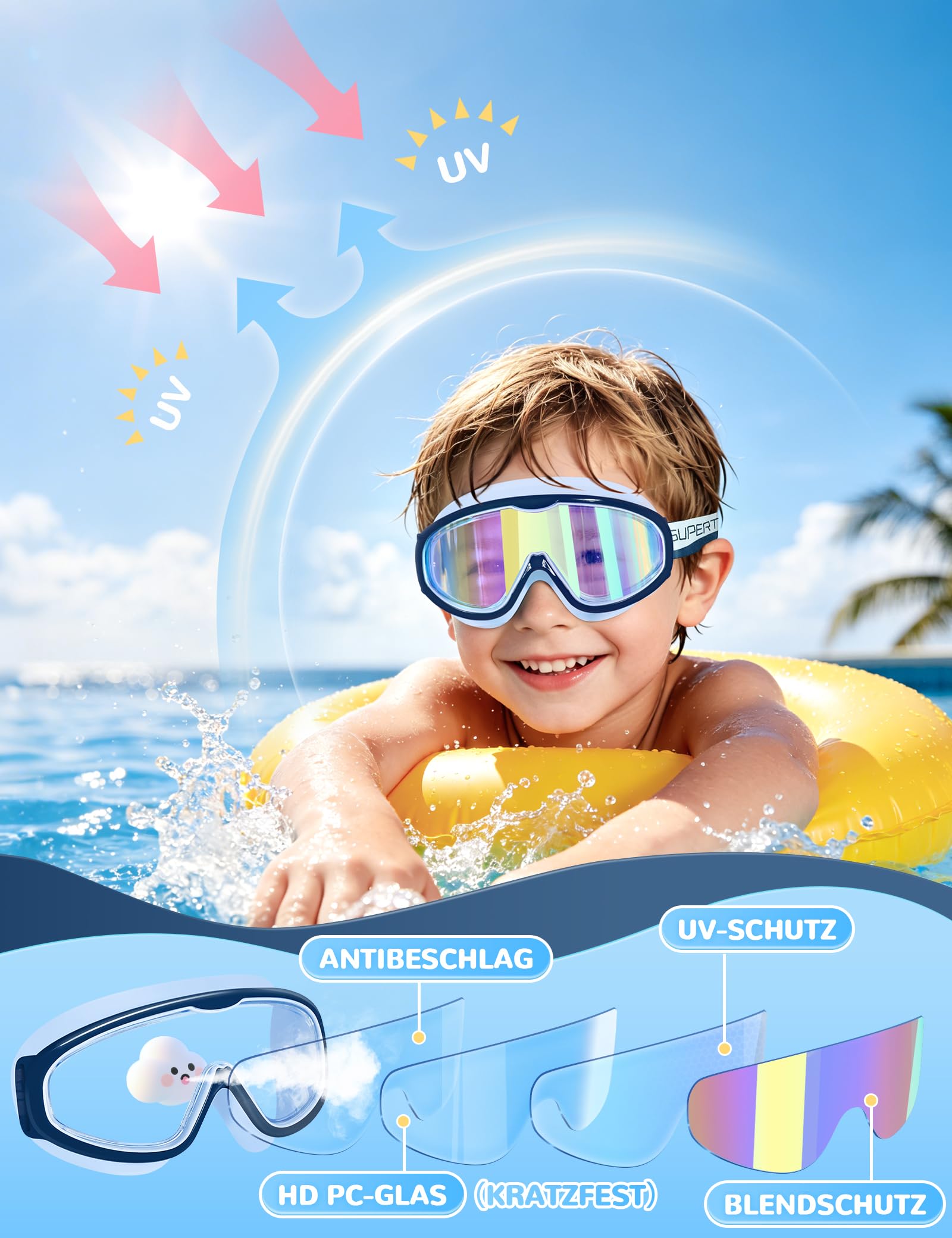 Supertrip Gafas de natación para niños 2 pack con cinta de tela, antivaho, protección UV, a prueba de fugas gafas de natación para niños de 6 a 14 años