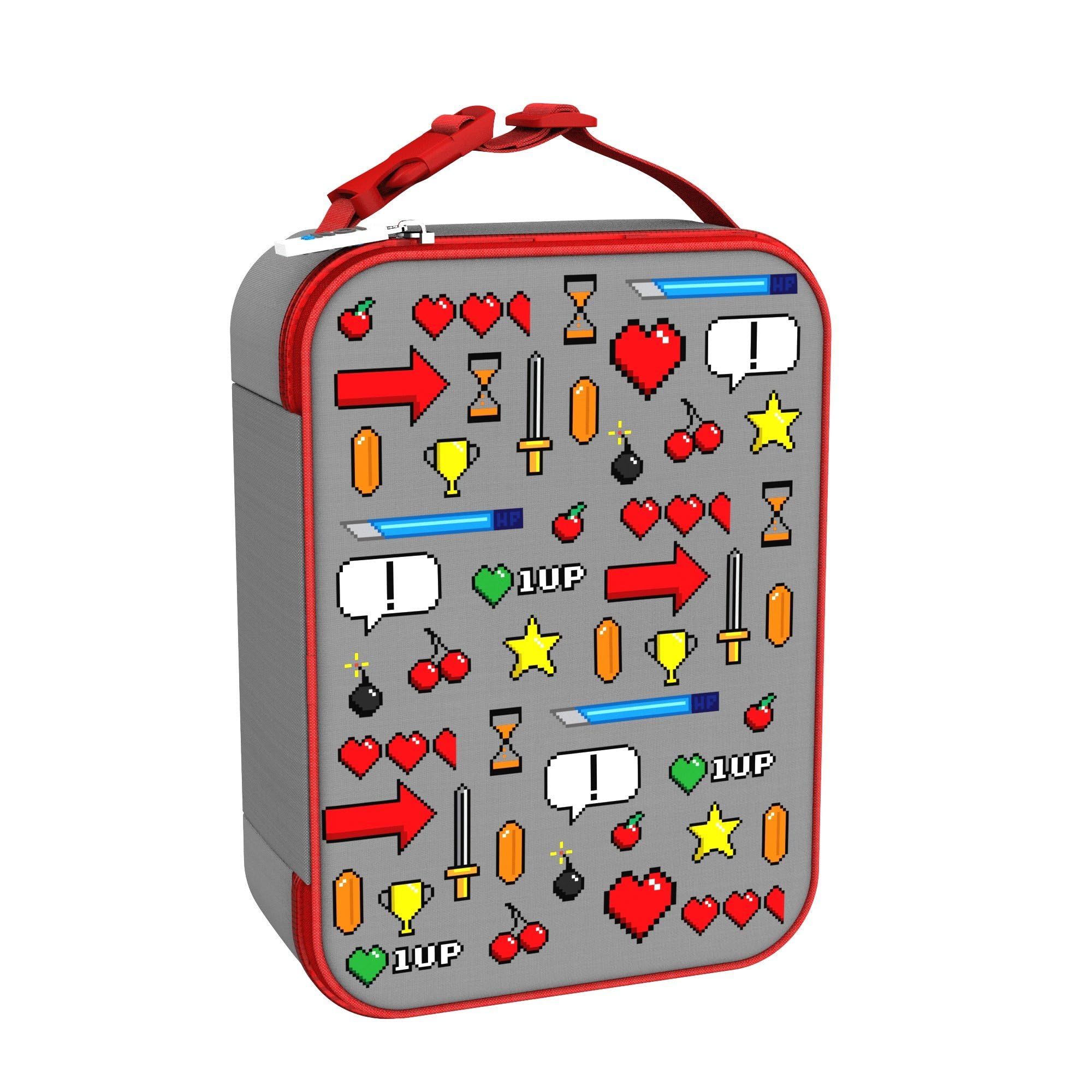 Ion8 Gaming Design Lunch Bag, Easy Access 3-Sided Zip, Write-On Name Patch, Freshness & Insulation for 6 Hours, Elasticated Mesh Pocket for Bottles, Machine Washable, Polyester Material, Grey