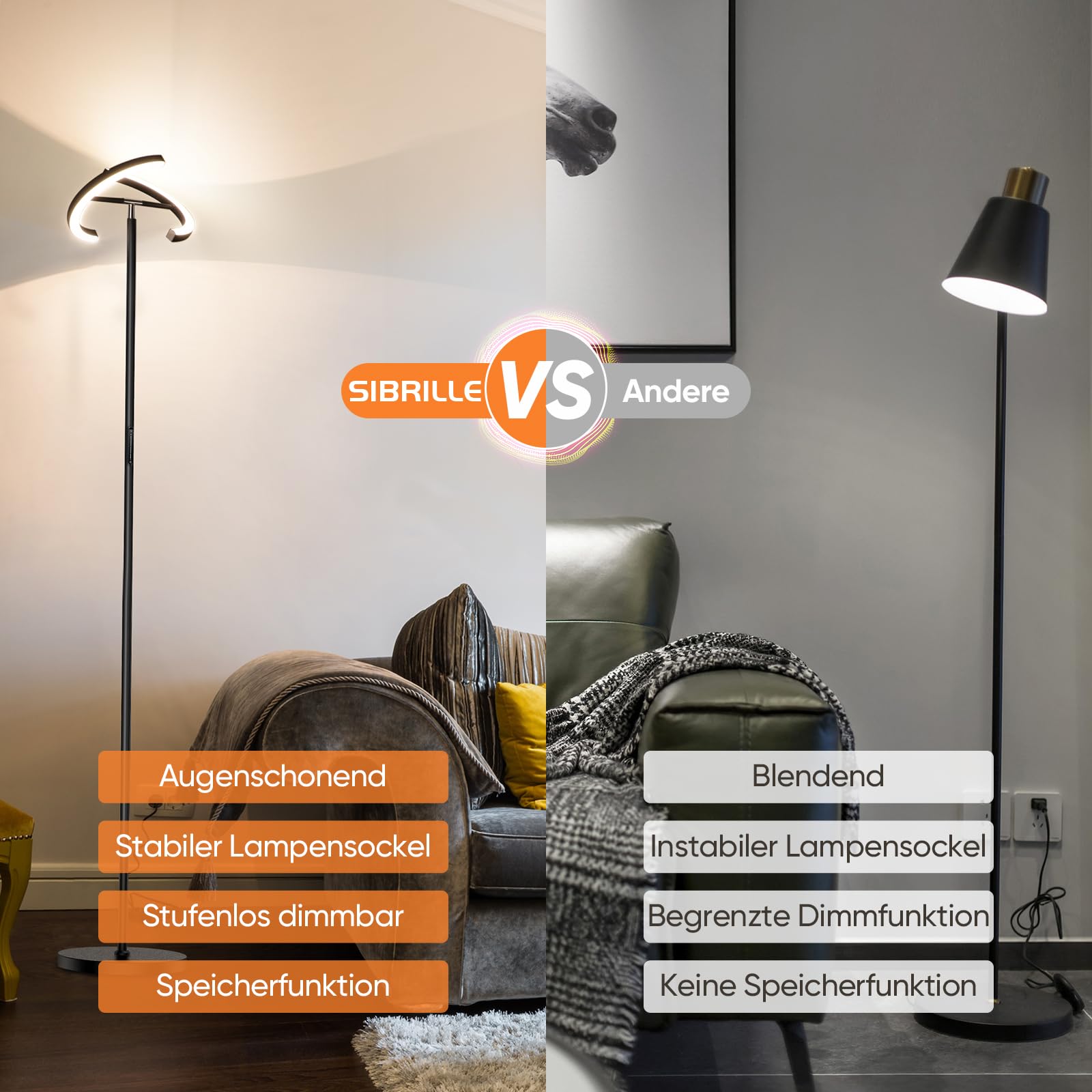 SIBRILLE LED Stehlampe Wohnzimmer, Schwarz Stehlampe Dimmbar 22W 1300LM Modern Deckenfluter LED mit Fernbedienung Warmweiß Kaltweiß Leselampe, Touch Stehleuchte für Büro Wohnzimmer Schlafzimmer Hotel