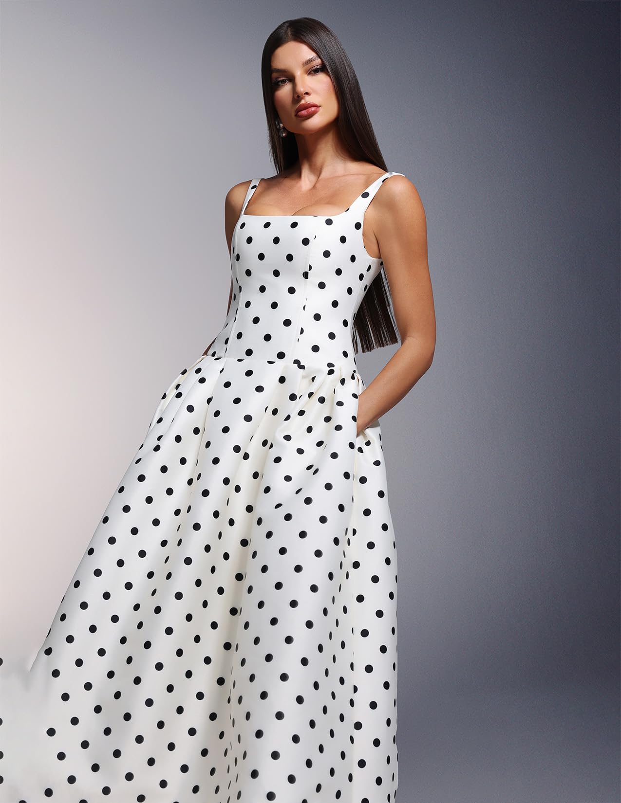 BELLA BARNETT White Spaghetti Strap Satin Polka Dot Dress for Women Maxi Vintage Pleated Prom Homecoming Dress product thumbnail 5