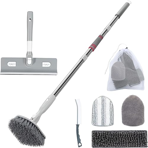 Limpiador de suelos de azulejos con mango largo, juego de cepillos de ducha 5 en 1 para baño, cocina, paredes, fregadero, incluye raspador de