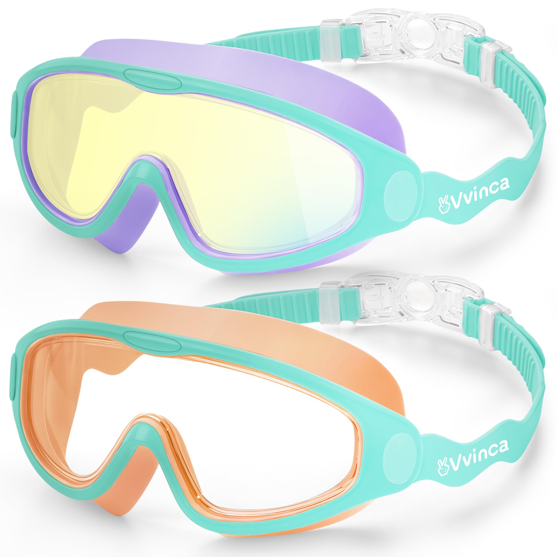 Vvinca 2 Pack Kids Goggles Kids Swimming Goggles Wide View UV Protection Anti-Fog No Leak Children Goggles for Boys Girls 6-14 (Green Orange & Green Purple)