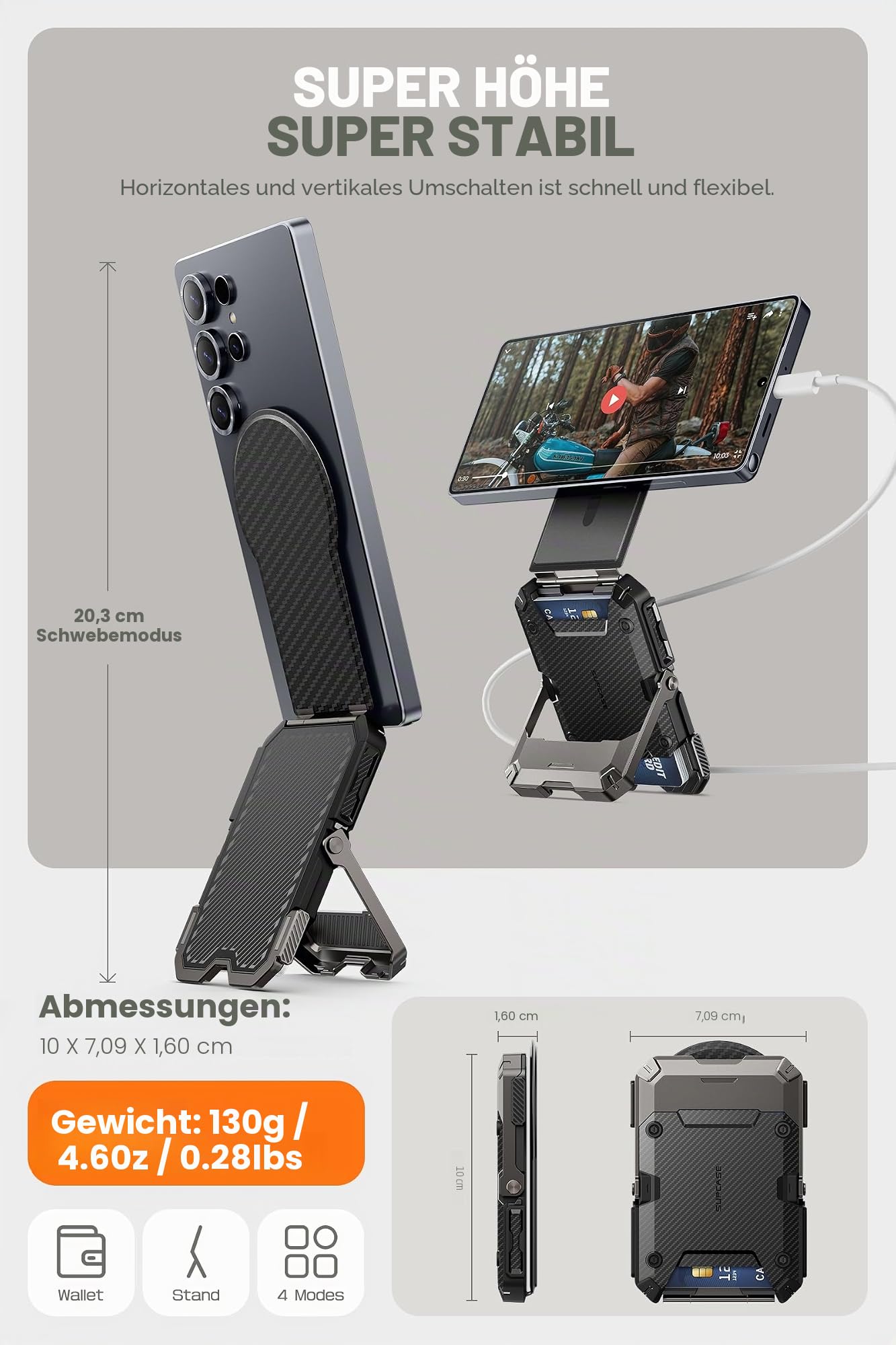 SUPCASE für MagSafe Wallet Magnetisch Geldbörse [5 Kartenhalter] [RFID-Blockierung] Verstellbar Handy Ständer Kartenfach für Samsung Galaxy S25/24/23, Pixel 10/10 Pro und iPhone 17/16/15/14 (Carbon) | [RFID-Blockierung] Verstellbar Handy Ständer Kartenfac