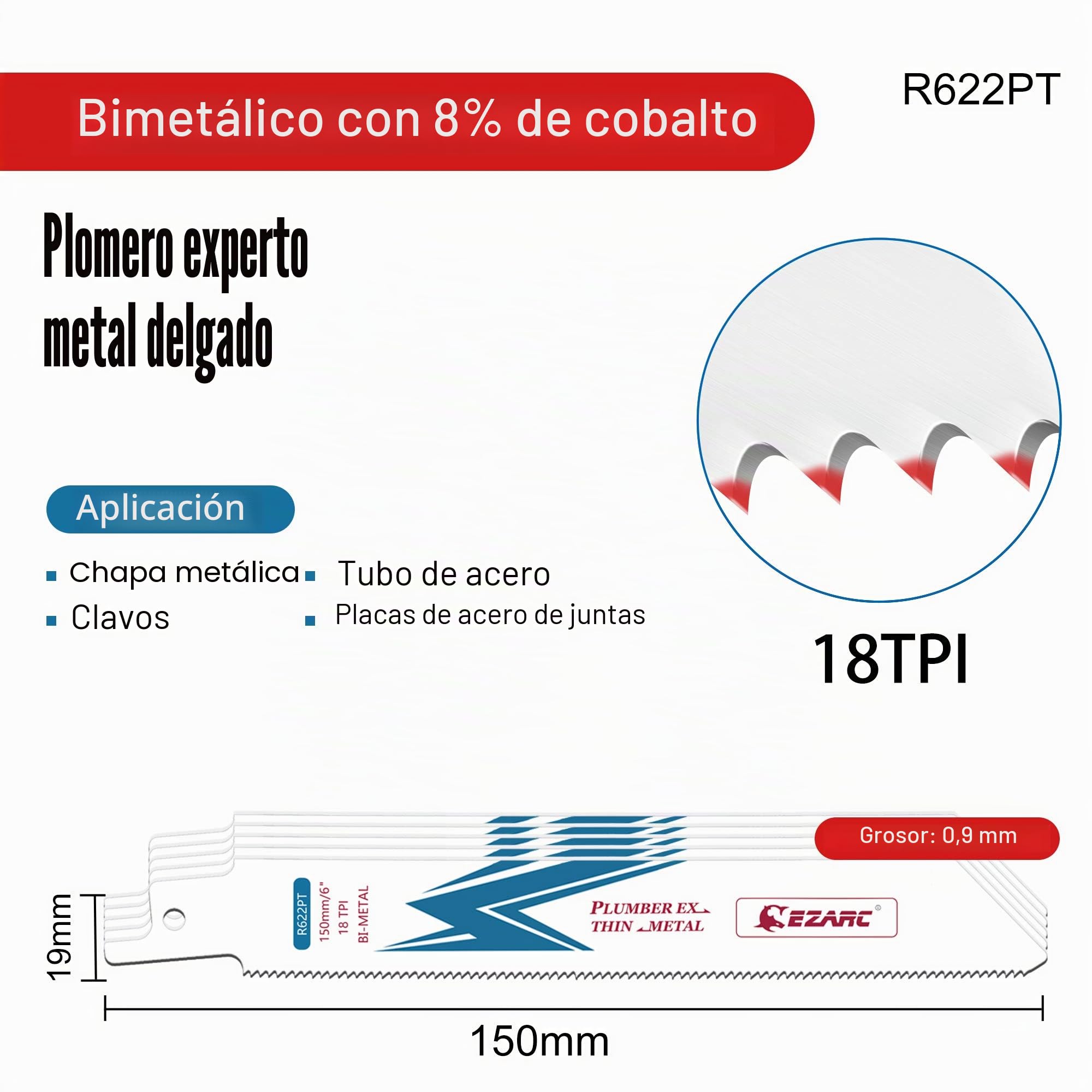 EZARC Hojas de sierra sable Bimetálica Cobalt R622PT 150mm 18TPI puede Cortar Metal Delgado - 5 piezas