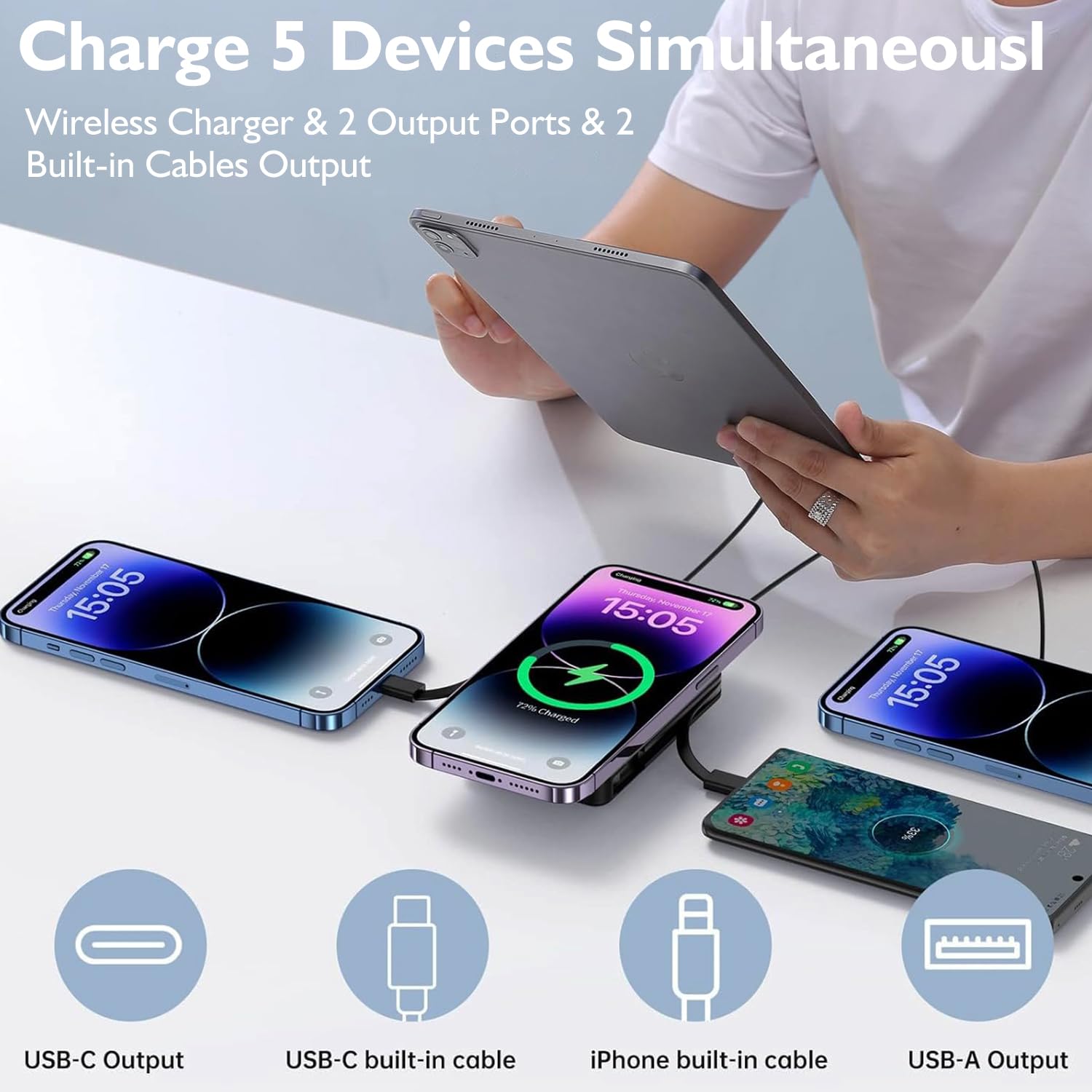 Yiisonger per Magsafe Powerbank 10000mAh, Caricatore Portatile Magnetico Wireless 22,5W, Ricarica Rapida con Display LED e cavo di ricarica USB-C/Lighting per iPhone 16/15/14/13/12 Pro/Pro Max/Plus
