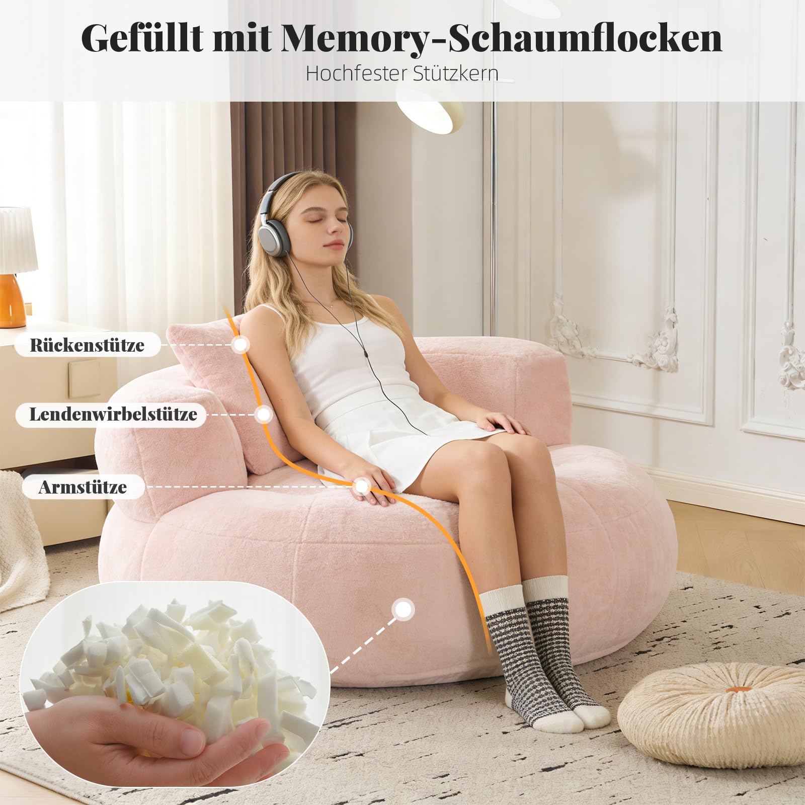 Sitzsack Erwachsene mit Füllung, Geräuschloser Runder Bean Bag mit Schaumstoff-Schnitzeln, Lesesessel & Gaming Sessel, Premium Kaninchenplüsch in Blütenform mit Kissen,Rosa