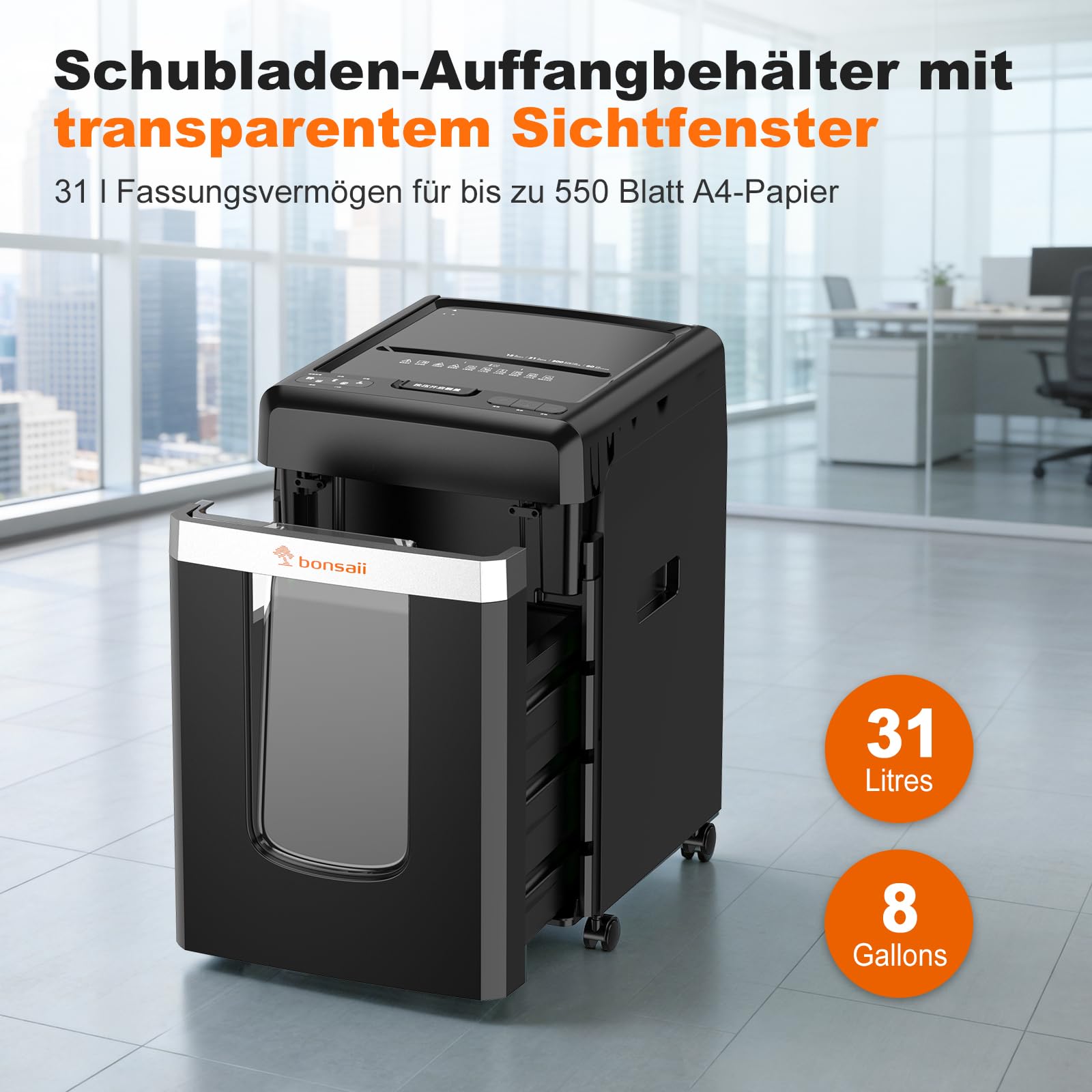 Bonsaii Aktenvernichter mit 300 Blatt Auto-Feed, P-4 Mikroschnitt Schredder | mit 60 Min. Dauerbetrieb und 31L Abfallbehälter für Büro und Homeoffice, C291-A