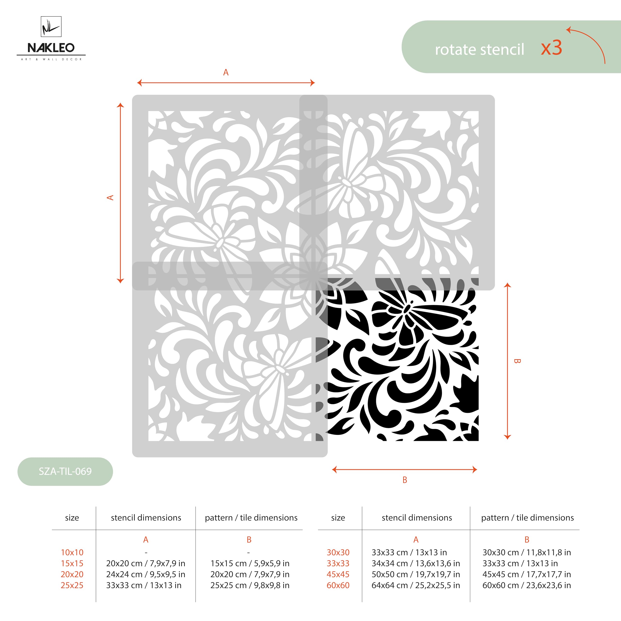 NAKLEO Fliesen Schablone zum Malen 60x60 cm, Lorca Schmetterling Blumen Ornament, Kunststoff Wiederverwendbare Große Bodenschablone DIY, Holz Möbel Wand Dekoration