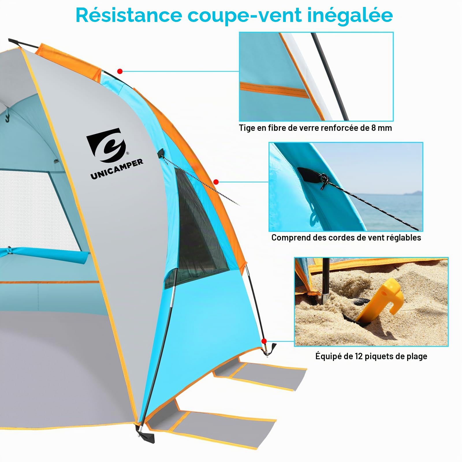 UNICAMPER Tente de Plage UNC pour 2 à 3 Personnes – Protection Solaire, UPF 50+, Sol en PE imperméable et 3 fenêtres en Filet, ombrage de Plage Portable, 210 * 120 * 120cm (Bleu)