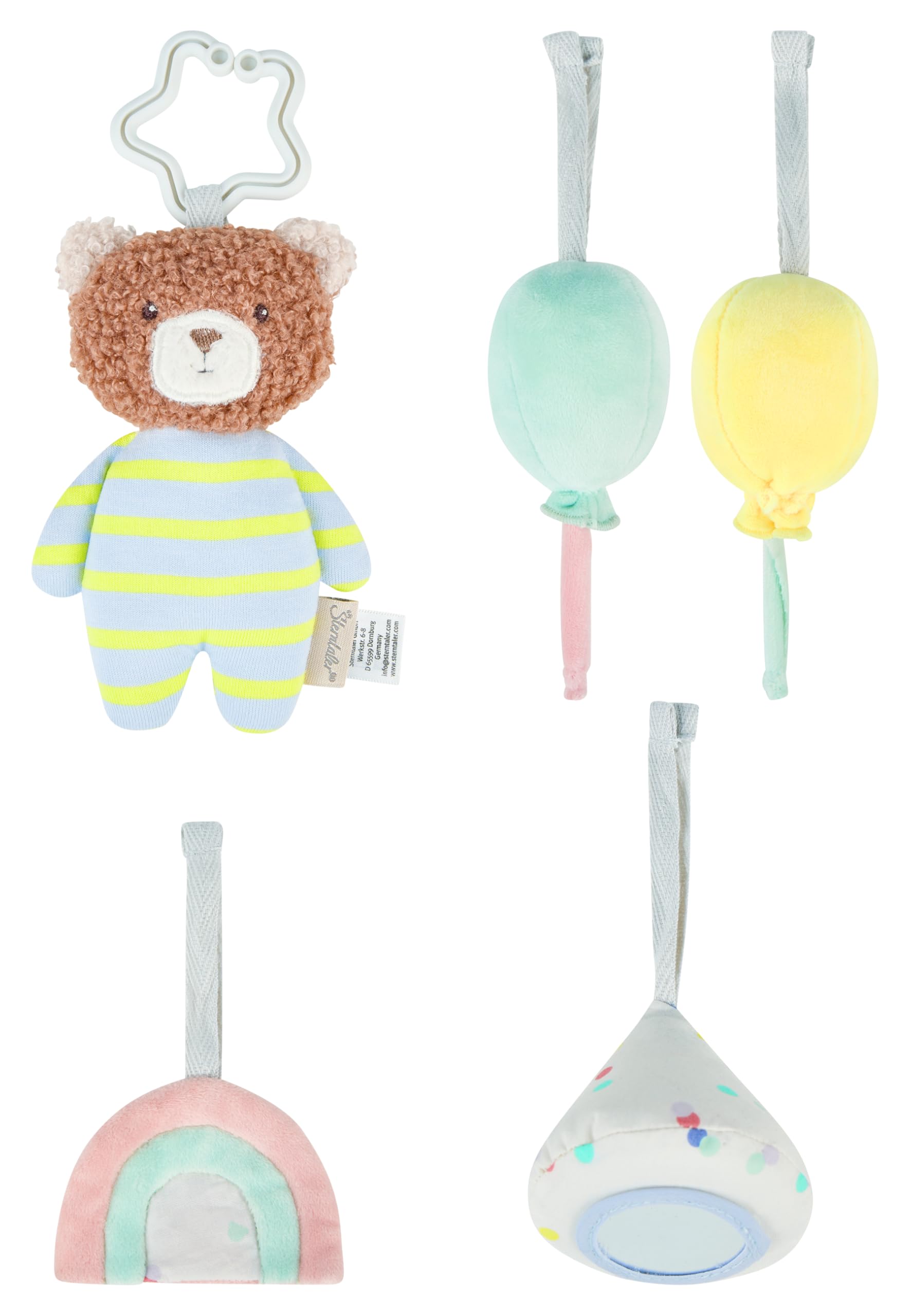 Sterntaler Spielbogen Bär Bob, Baby-Spielbogen mit Patchwork-Design, Stickmotive, Spiegel, Rassel, Quietsche und Knisterpapier, abnehmbarer Bogen und Spielteile, wattiert, 100×80×3 cm, bunt