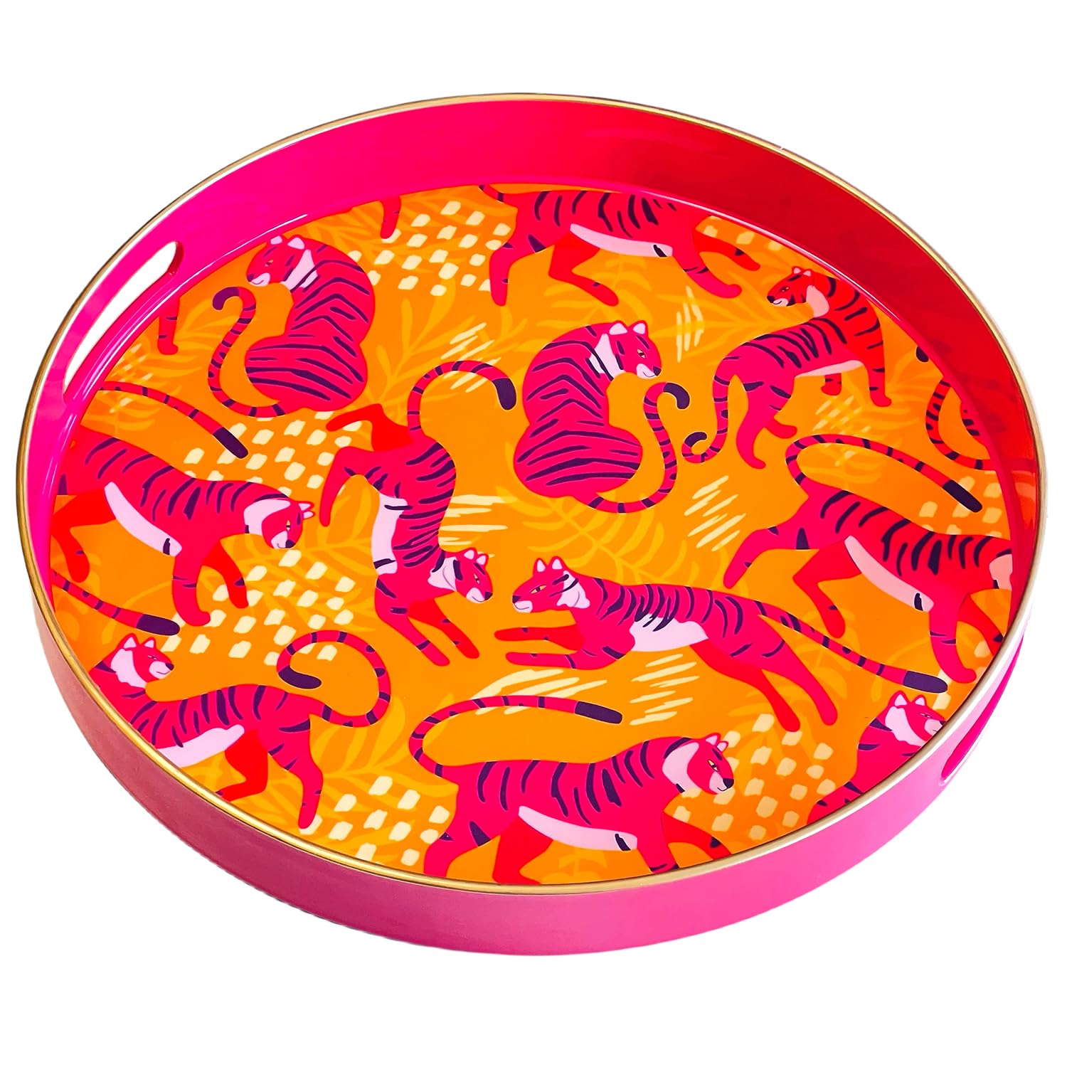 Zosenley Round Decorative Tray Leopard Pattern, Marbling Plastic Tray with Handles, Modern Vanity Tray and Serving Tray for Ottoman, Coffee Table, Kitchen and Bathroom, Size 13 Inch (Orange)