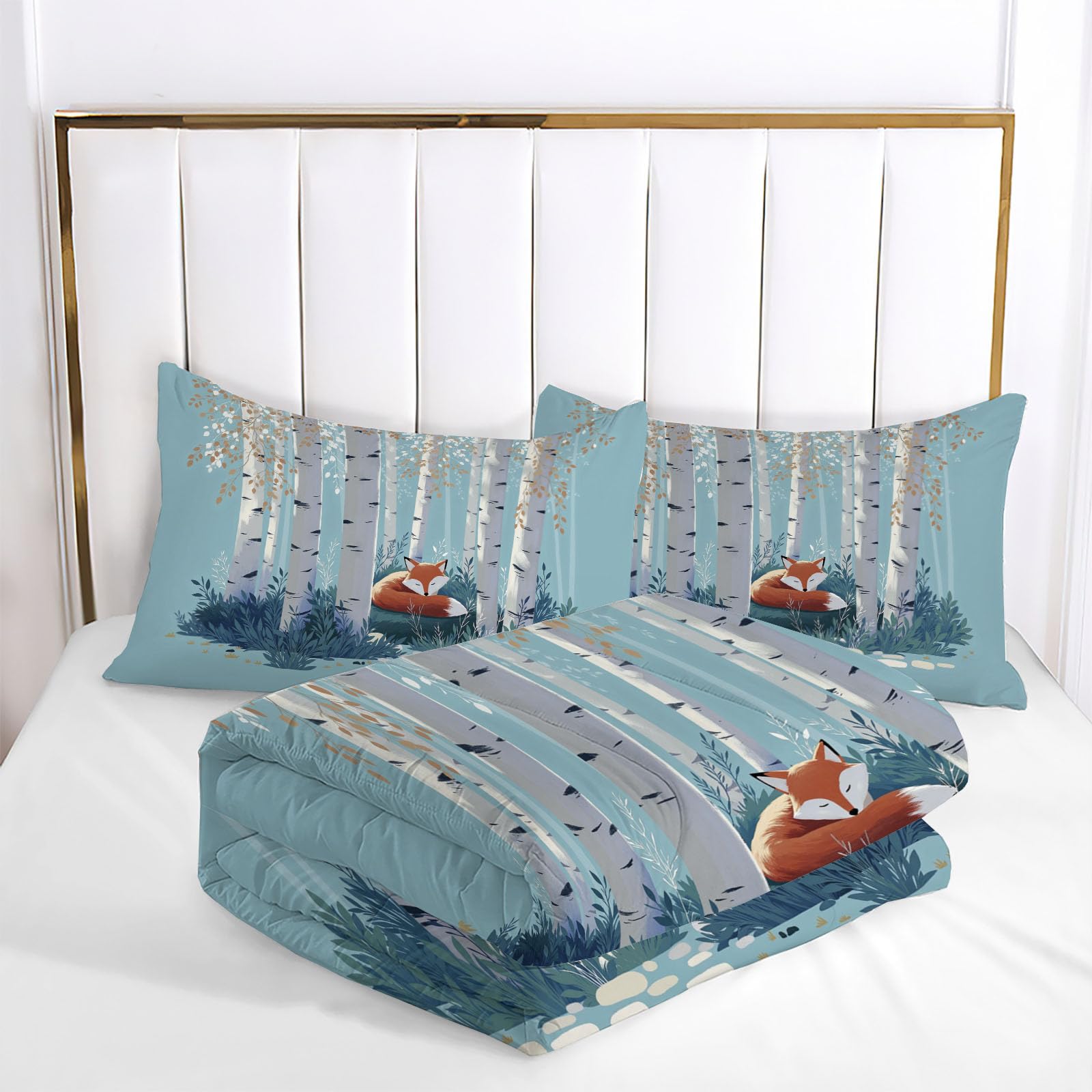 Juego de Edredón Infantil 200x200cm con Almohada para Cama 105 – Relleno Nórdico Bosque De Zorros Edredones Bosque De Abedules En Acuarela 4 Estaciones Nórdico Conforter, Lavable a Máquina, Azul Claro