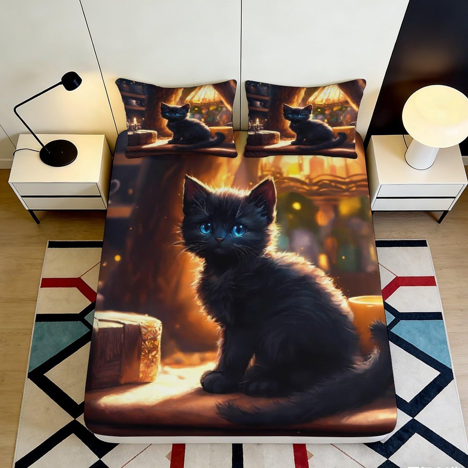 Pnayamiorkfel Style-3 3D Printed Black Cat Fitted Sheet Microfiber Soft Non-Slip Cartoon Kitten Bed Cover For Bedroom Dorm Decor 90X200x25cm