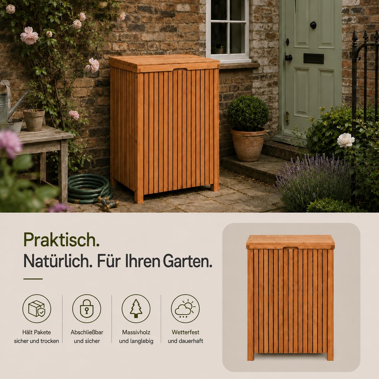 Paketbox aus Holz, Wasserdicht und abschließbar – 53x39x71cm