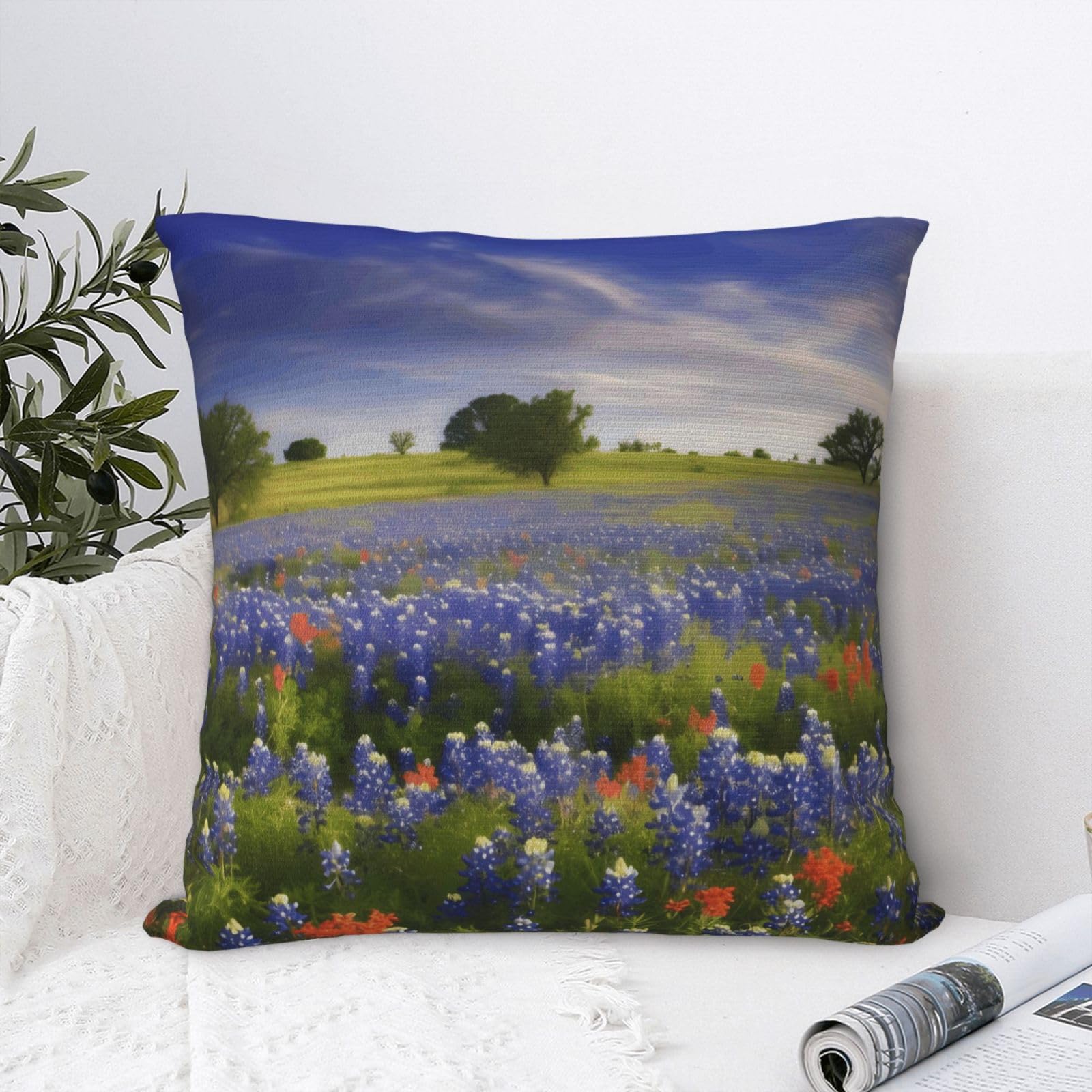 FodPand Luxury Velvet Throw Pillow Covers 20"x20" Super Soft Decorative Pillow Cases - Texas Bluebonnets Scenery Pillowcases Modern Lumbar Cushion Cases for Couch Sofa Bed Pillow Shams