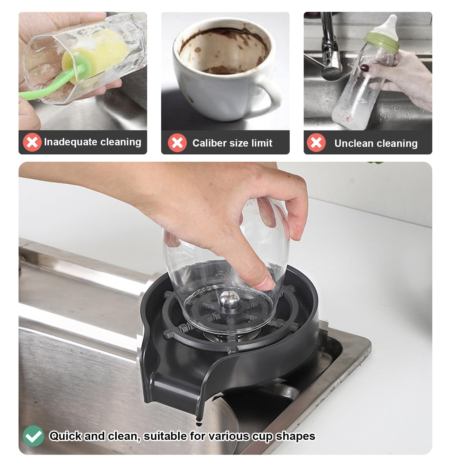 Lavavasos Lava Vasos Fregadero Enjuagador Vasos - Acero Inoxidable Limpia Vasos Lavadora para Bares con Todos Los Accesorios de Instalación, Arandela para Botella para enjuagar vasos de agua