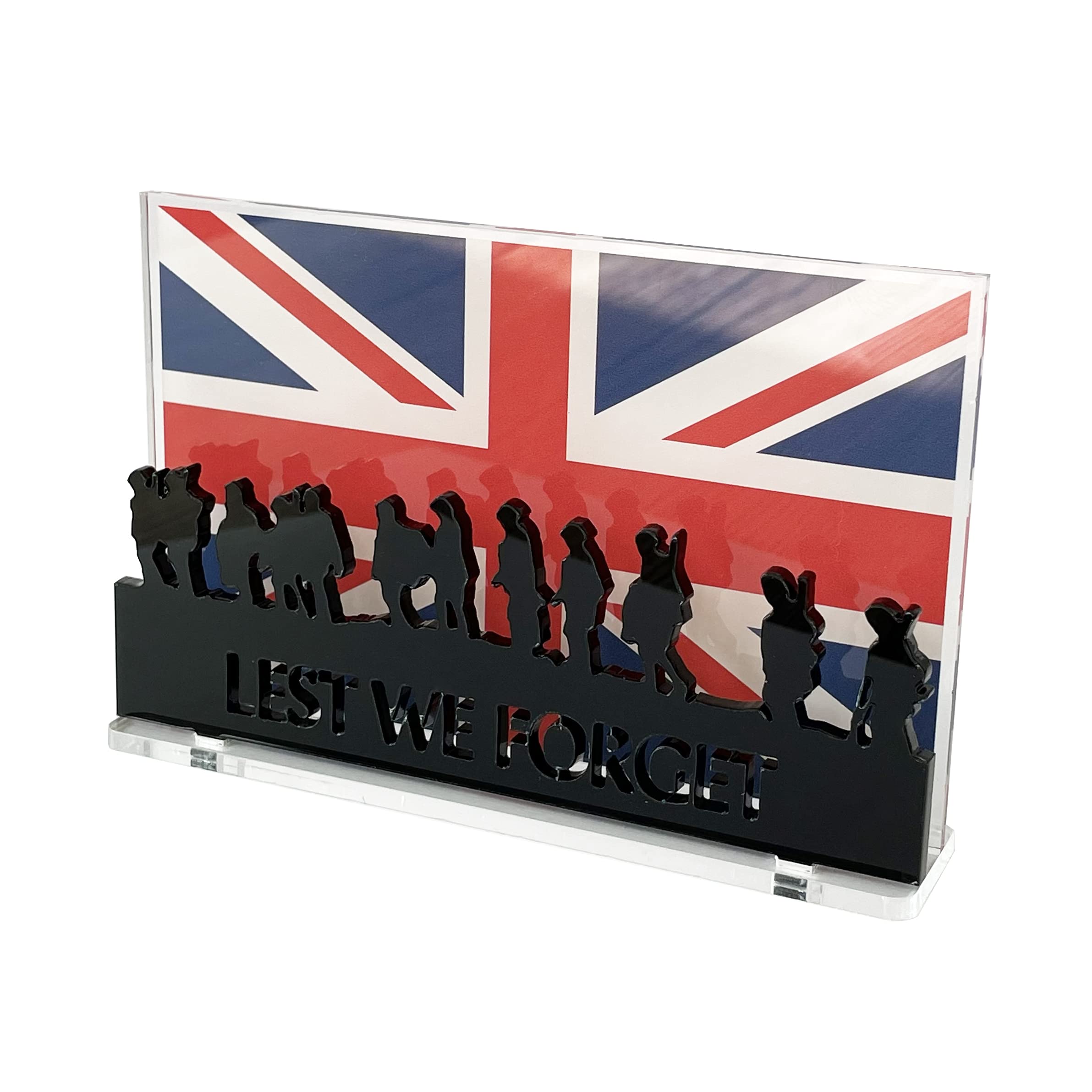 Lest we forget Soldier UK Flag Remembrance Sunday, Armistice Day, War Heroes Soldiers Armed Forces, Acrylic Decorations (Large - 300mm x 200mm)