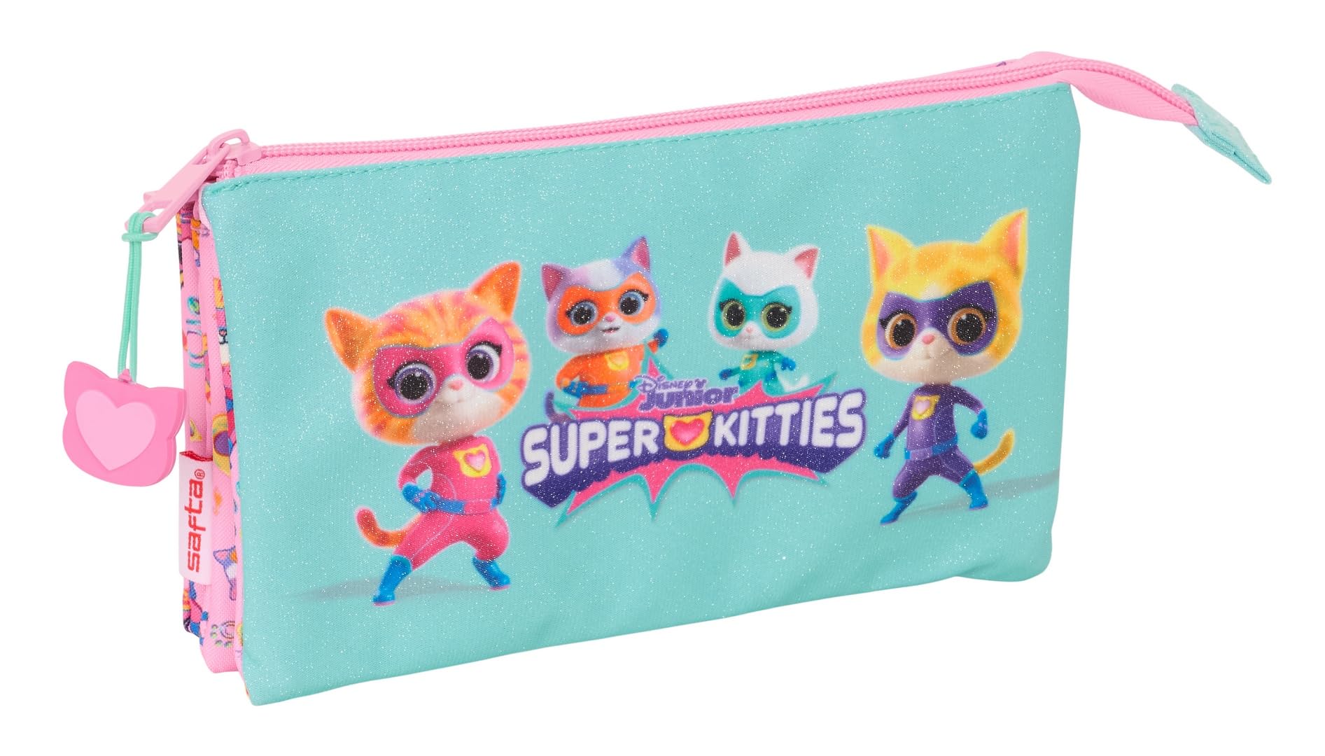 Safta SUPERKITTIES – Triple Pencil Case, Children's Pencil Case, Ideal for School Children, Comfortable and Versatile, Quality and Resistance, 22 x 3 x 12 cm, Light Pink/Pastel Turquoise, M, Casual
