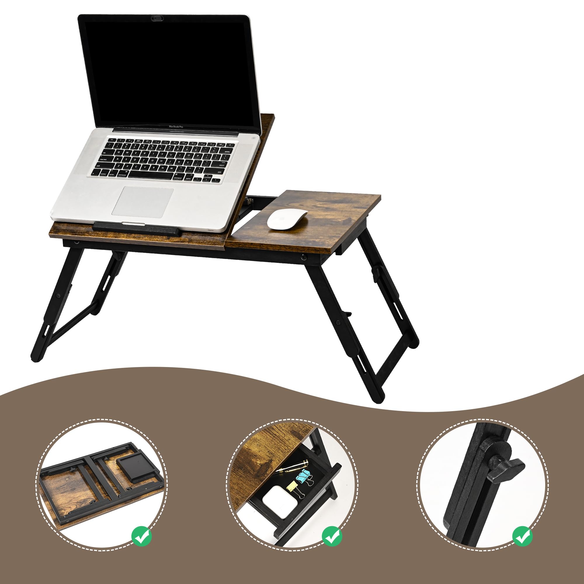 VASMIA Table de lit Pliable pour PC Portable inclinable, Table Pliante, Plateau de Service Petit-déjeuner,Hauteur réglable, étagère de lit, Marron Foncé Rustique