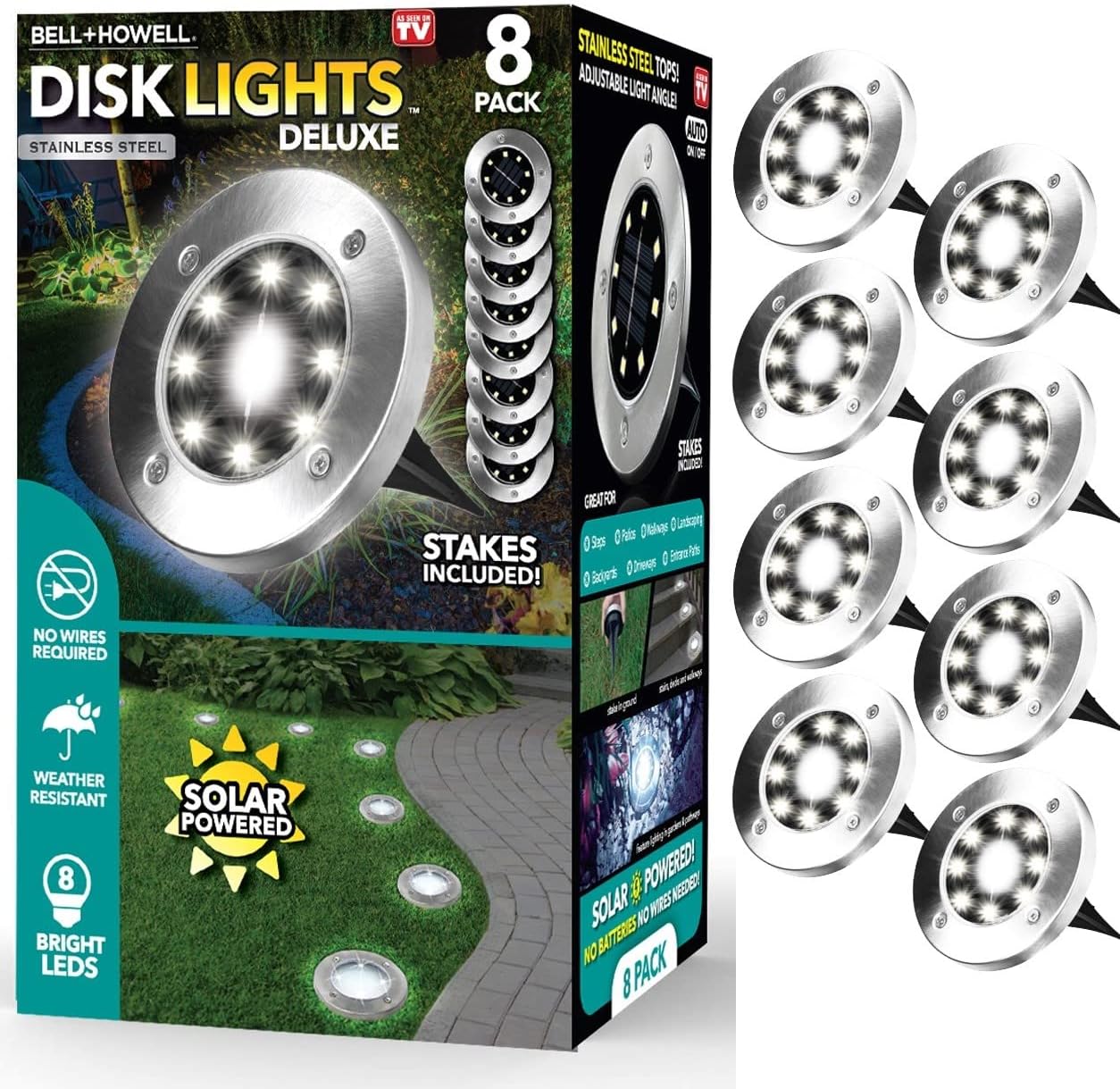 Bell+Howell Solar Disk Lights Automatic Outdoor Lighting, Super Bright LED Bulbs, Waterproof Rust-Free Stainless Steel Tops Great for Landscaping, Garden, Pathway As Seen On TV (Set of 8 Regular)