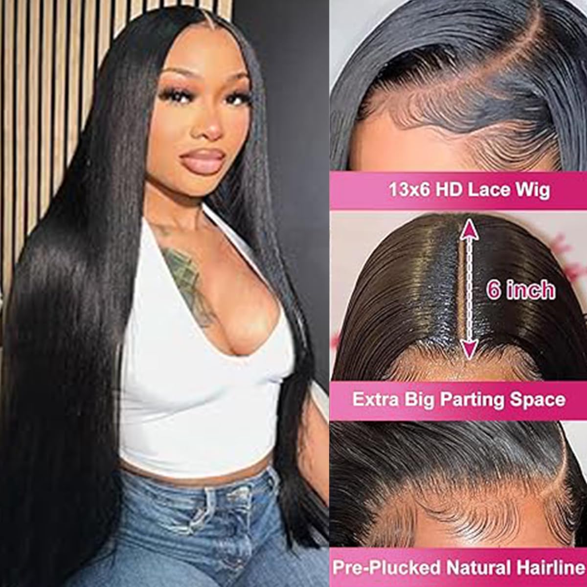 Human Hair Wig Lace Front Closure Human Hair Wig 13x6 Lace Straight 13x6 Transparent Lace Wigs Natural Color Pre Plucked Bleached Knots 200 Density Real Hair Wigs For Women 18 Inch - Image 2
