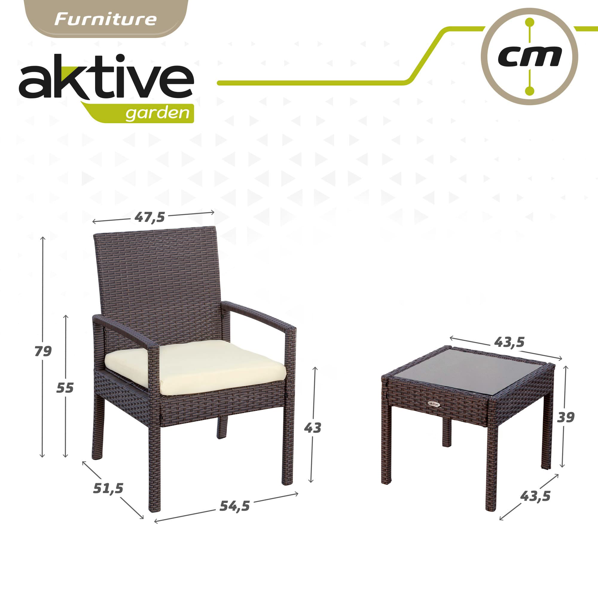 AKTIVE 61068 - Set muebles para jardín y terraza ratán, Muebles terraza exterior, incluye 2 sillones jardín exterior con cojín acolchado y 1 mesa terraza exterior, Conjunto jardín exterior, Oscuro