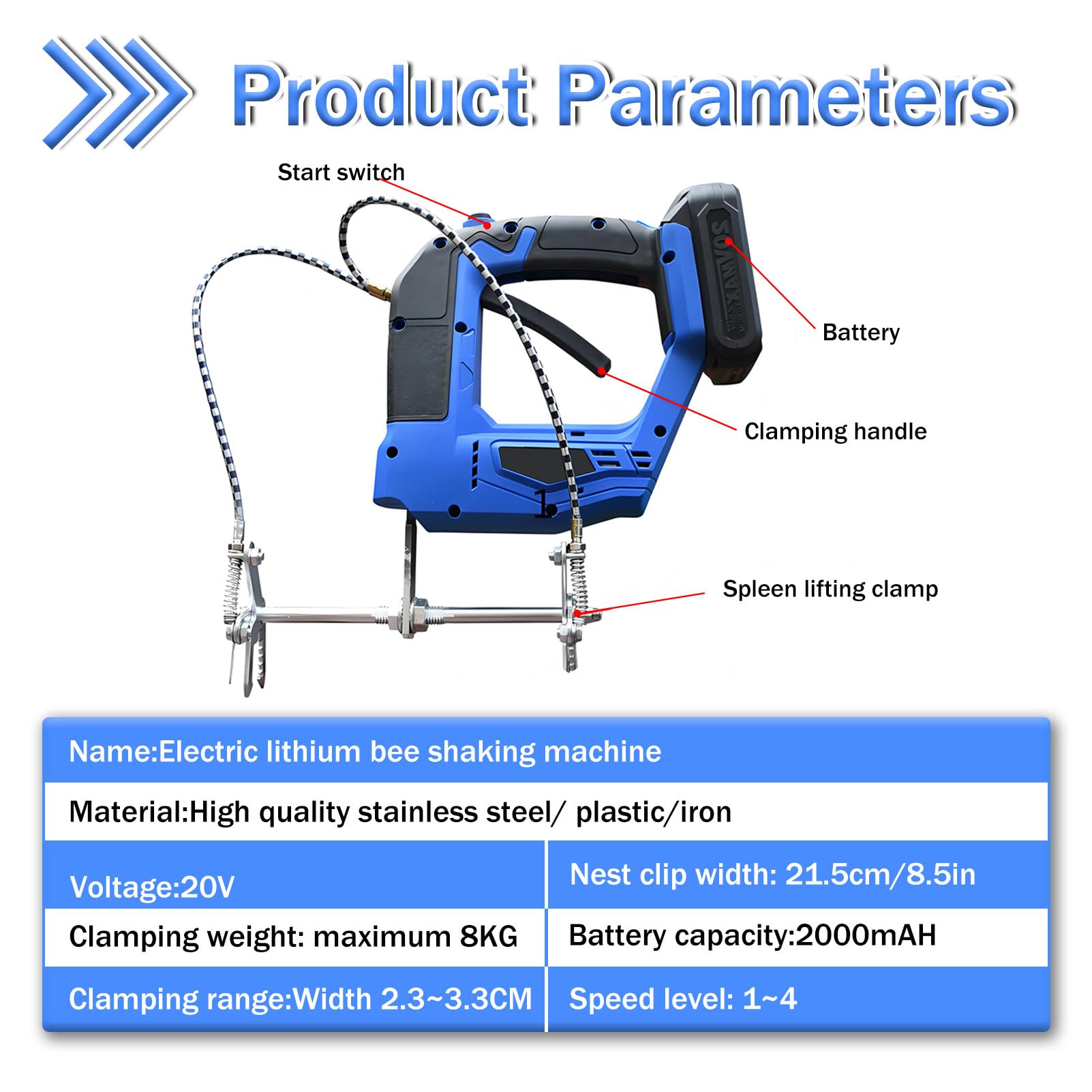 Macchina elettrica per scuotimento di telaini per Arnie, scuotitore Elettrico per api con Batteria al Litio, con batterie per Una Lunga Durata, Funzionamento Senza Fili Blue