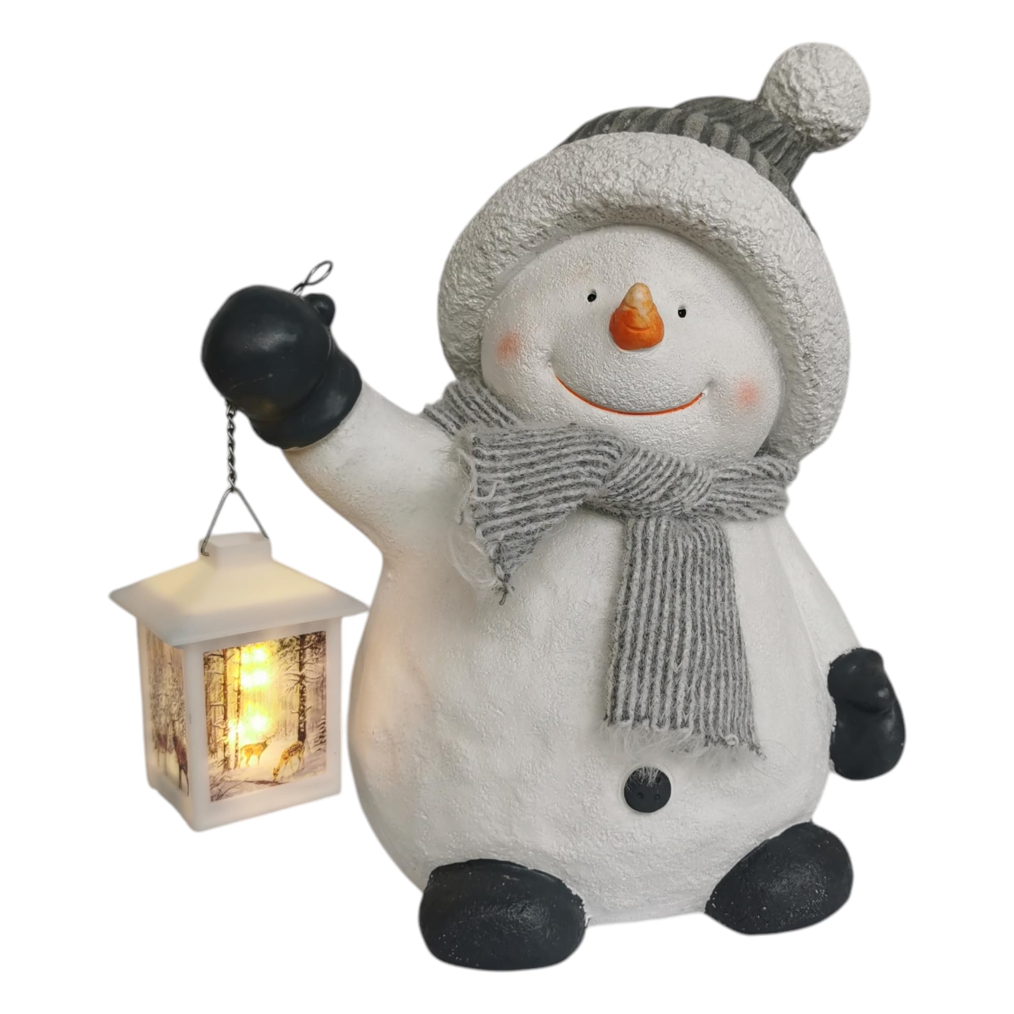 Schneemann Figur 37cm mit LED Laterne Weihnachtsdeko grau Weihnachten Advent Winter Deko groß