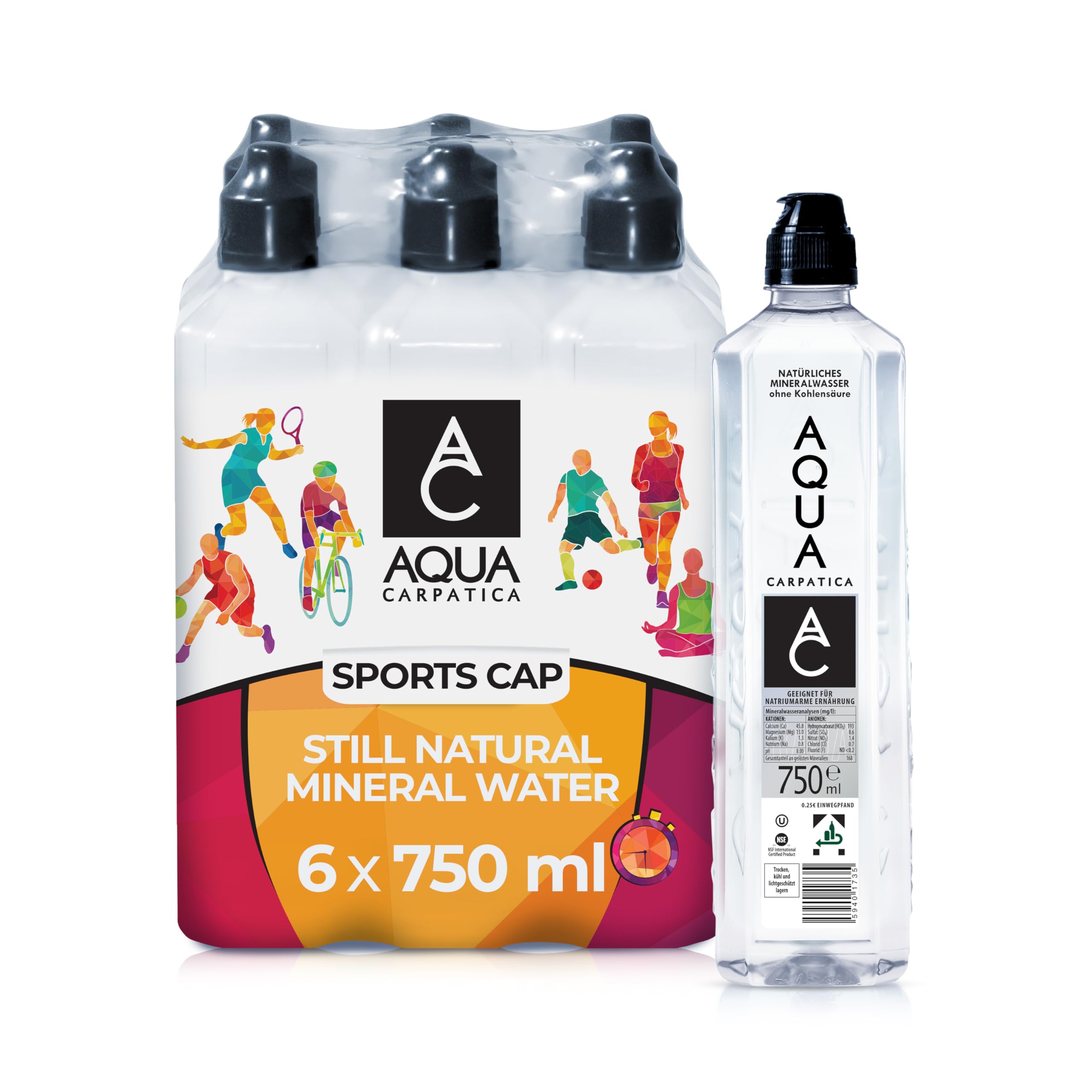 AQUA CARPATICA 750ml x 6 Still Sportscap Natürliches Mineralwasser, Fast Nitratfrei, Mit Natürlichen Elektrolyten, Perfekt für Sport und unterwegs, 100% Recycelbar, BPA Frei, Ohne Kohlensäure