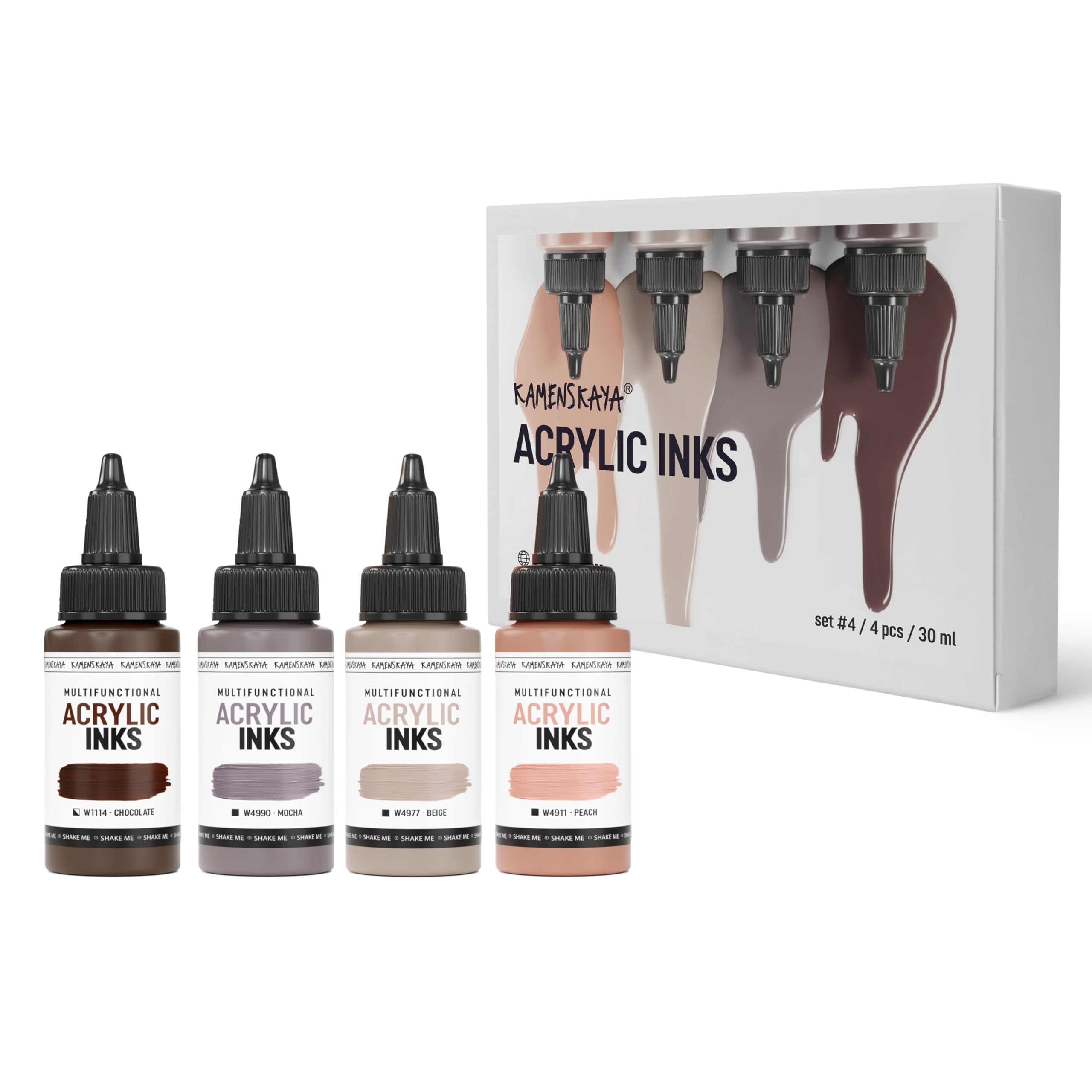 KAMENSKAYA Acrylic Inks for Artists - Acrylic Ink Set, Color Combination #4-4 pcs. 1 Fl Oz (30 ml) Each