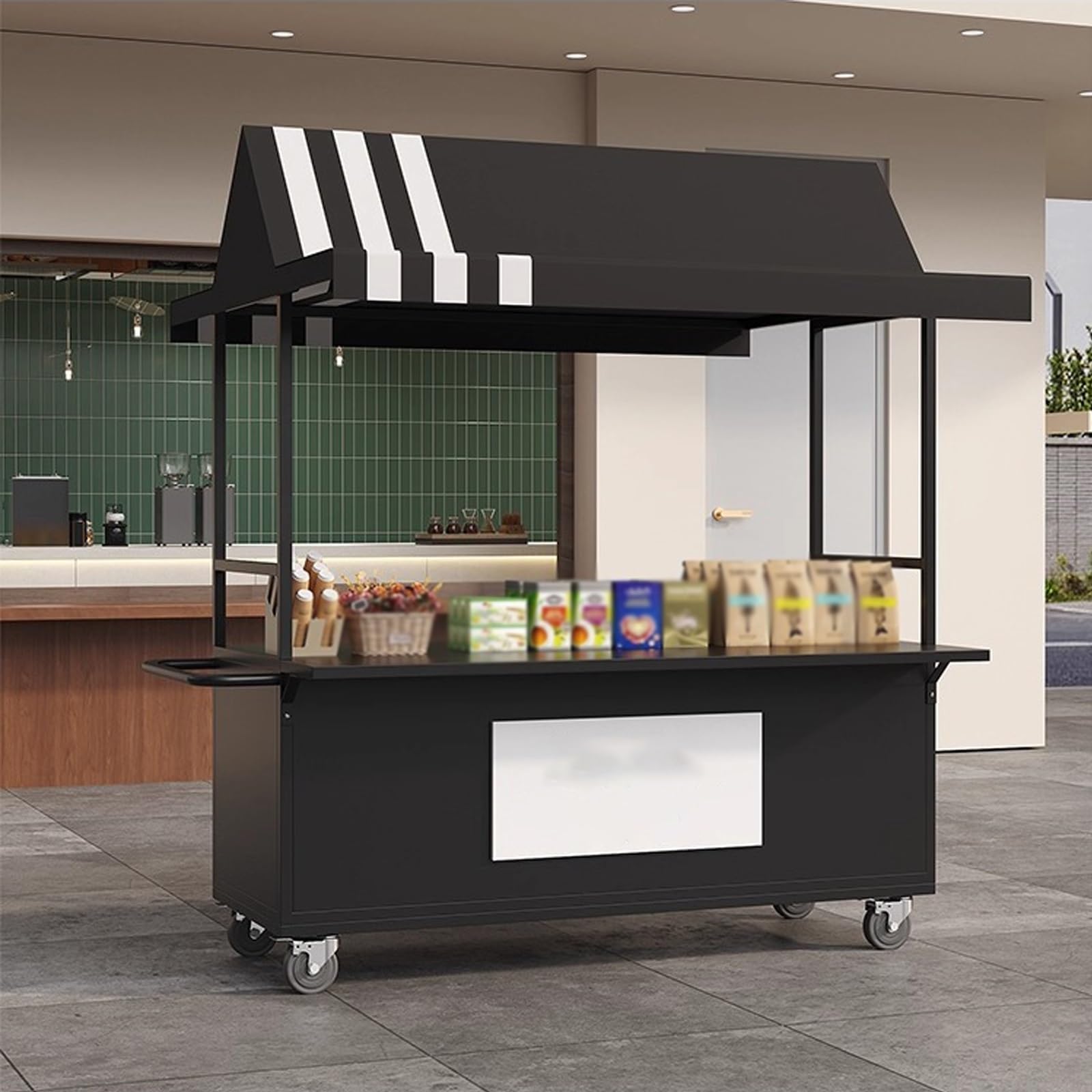 Mobile Cart with Wheels Selling Food, Vending Iron Cart with Canopy, Customizable Logo, for Street Food, Handicrafts, Snacks(Black)
