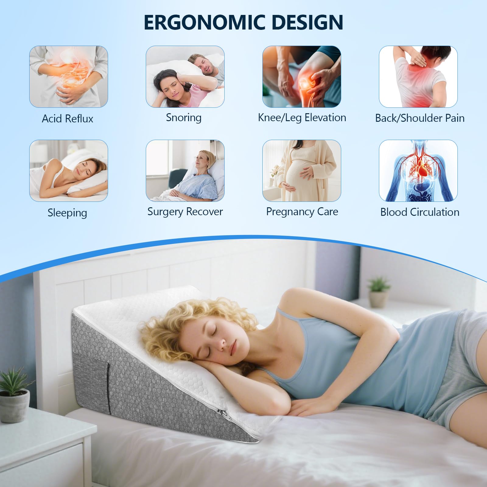 Cuscino a Cuneo per Letto, Cuscino Antireflusso, Cuscino Triangolare Memory Foam, Cuneo Ergonomico per Letto per Apnea Notturna da Reflusso, Cuscino da Lettura per la Schiena, 55 x 55 x 25 cm