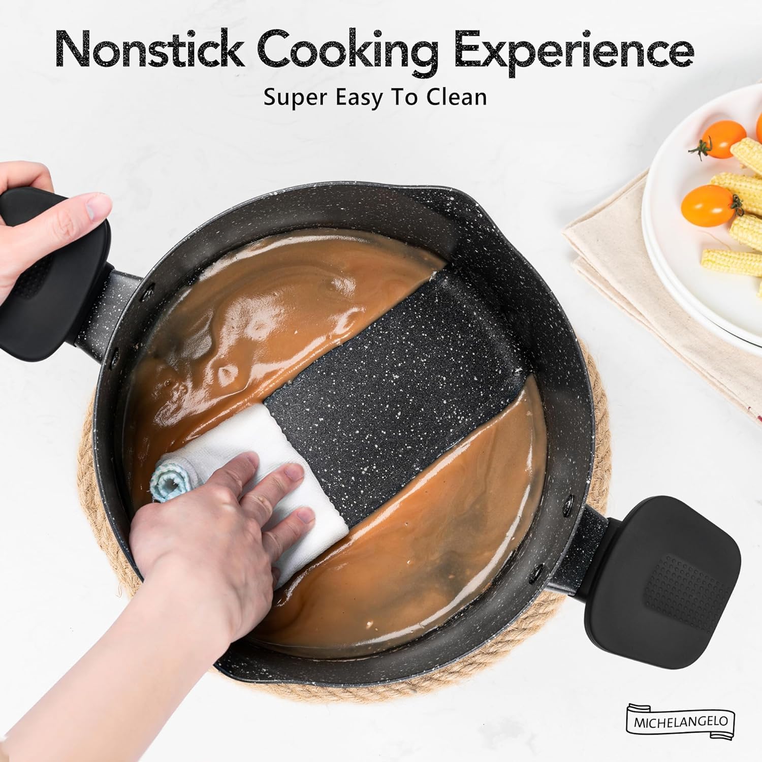 Michelangelo Olla para pasta con tapa coladora, olla de cocina de 6 cuartos con asas giratorias y bloqueo, olla de sopa con revestimiento de granito antiadherente, compatible con inducción de