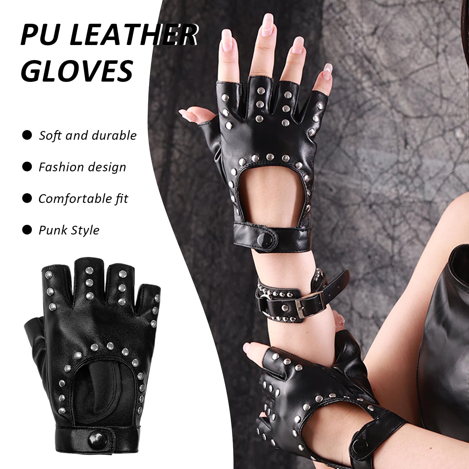 1 Pair Of Pu Leather Gloves And 1 Piece Gothic Collar, Punk Style Accessories, Party Clothing Accessories - Image 4