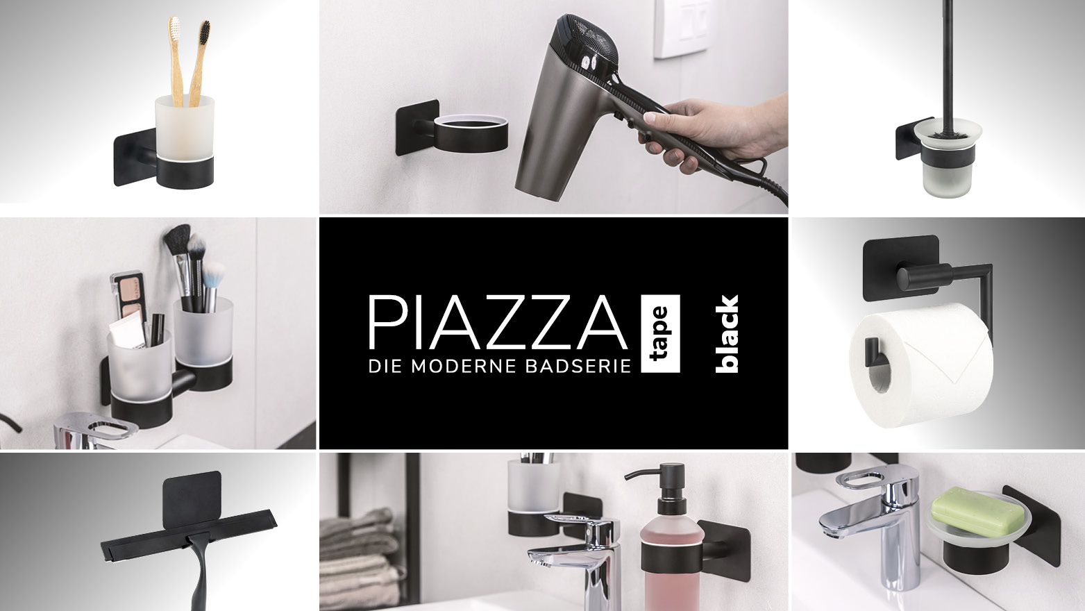 Bremermann Bad-Serie Piazza Black Tape WC-Garnitur - Selbstklebend Mit 3M Klebeband, Schwarz, Kein Bohren Nötig