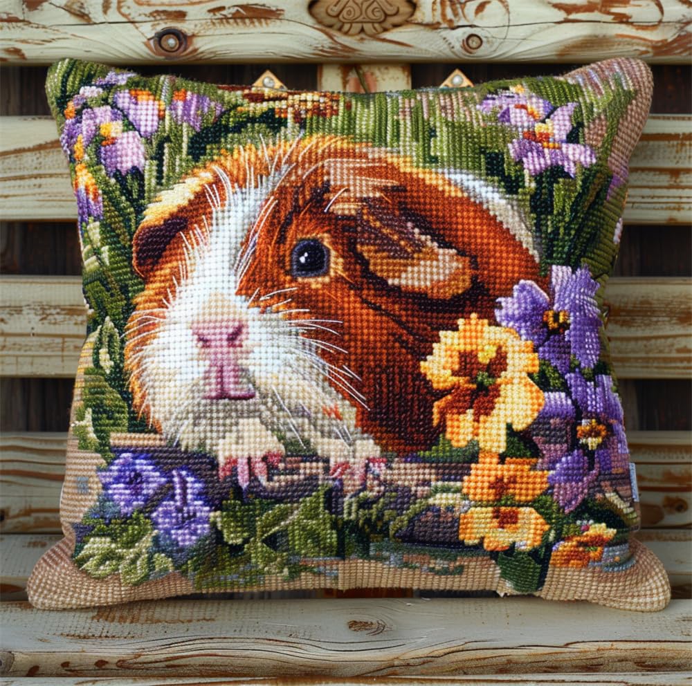 Henypt Cross Stitch Cushion Kit, Guinea Pig 17.7X17.7In(45X45Cm) Cushion Back Included, Pre Printed Canvas, Stamped Cross Stitch Pillowcase Yarn and Needle Included Embroidery Needle Pillow for Ad