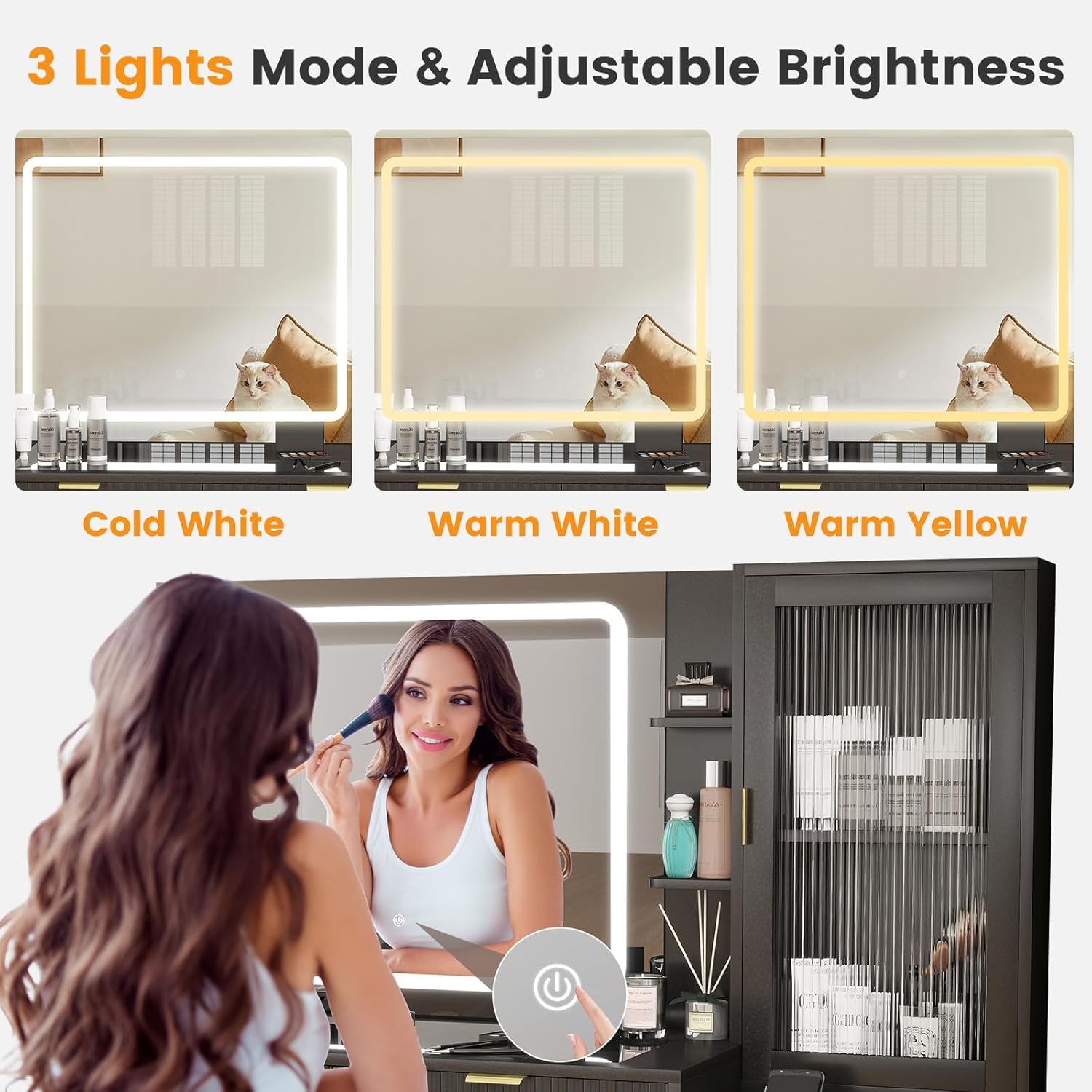Premium Black Vanity Desk with LED Mirror & Charging Station, 3-Mode Dimmable Light Makeup Dressing Table, Glass Top, Ample Storage, for Women Girls
