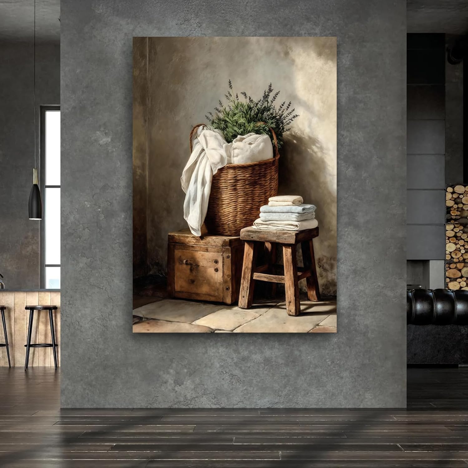 Laundry Wall Art, Rustic Basket and Linen Still Life Canvas Wall Art for Living Room Ready To Hang (Framed,12×18 inch)