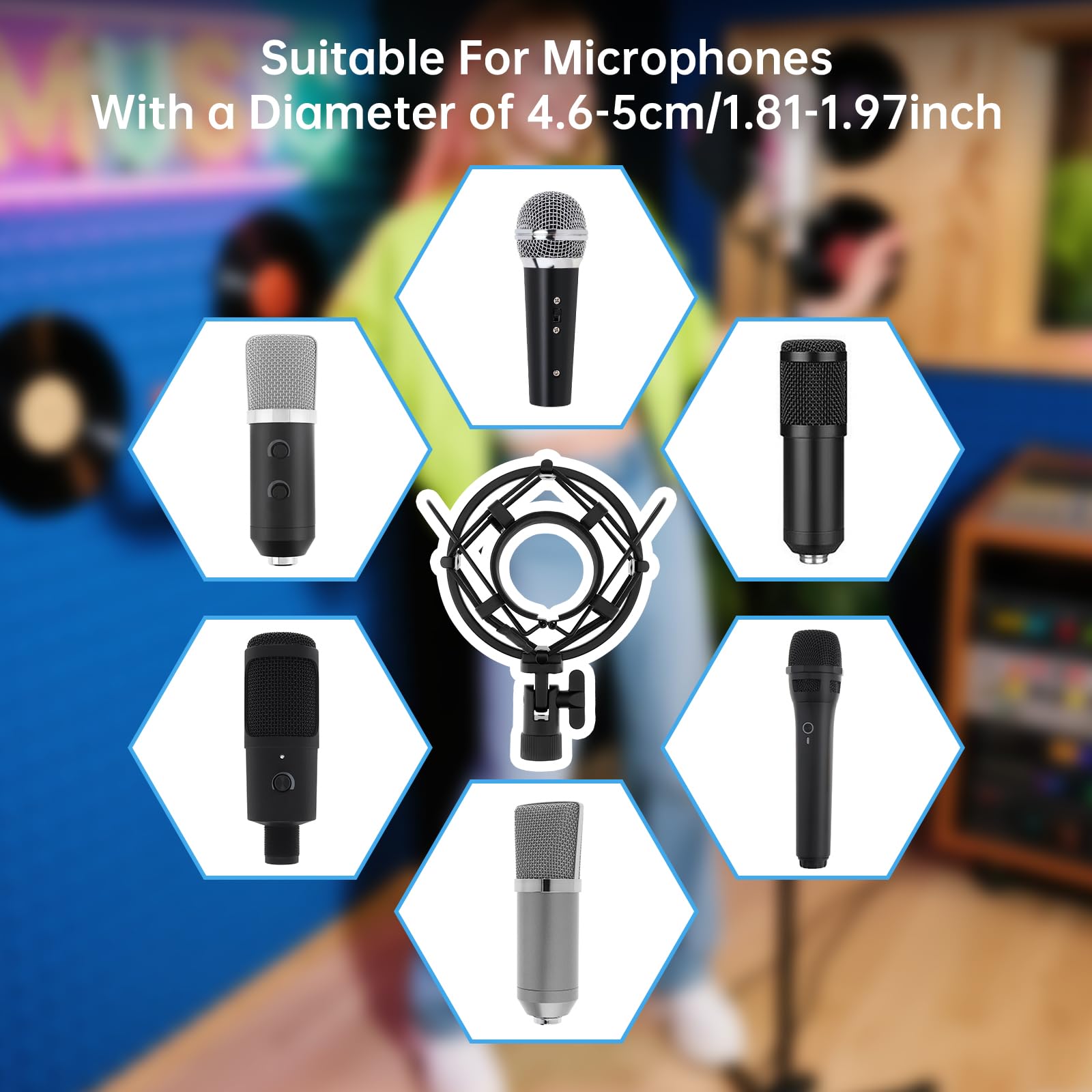 Soporte antivibración para micrófonos de condensador de 46 mm a 50 mm con filtro pop para grabación de música de estudio, pantalla Wind Pop flexible de 360 grados con cuello de cisne