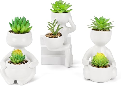Suculentas falsas en forma de meditación, macetas de cerámica blanca, bonita forma de plantas falsas para decoración de oficina, decoración de baño,