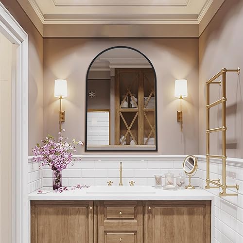 Miniatura 6 de Espejo arqueado negro de 30 x 40 pulgadas, espejo de pared arqueado para dormitorio, recibidor, sala de estar, espejo de tocador de vidrio templado,