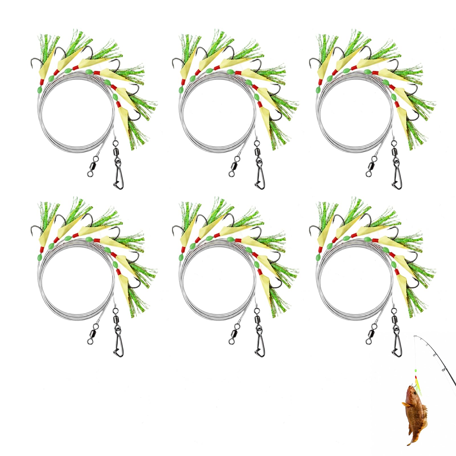 6 Pack Sea Fishing Rigs, Mackerel Feather Rigs for Sea Fishing with 36 Hooks with Luminous Beads Glowing Tail and Simulated Fish Skin Flasher for Mackerel, Pollock, Cod, Herring, Bass