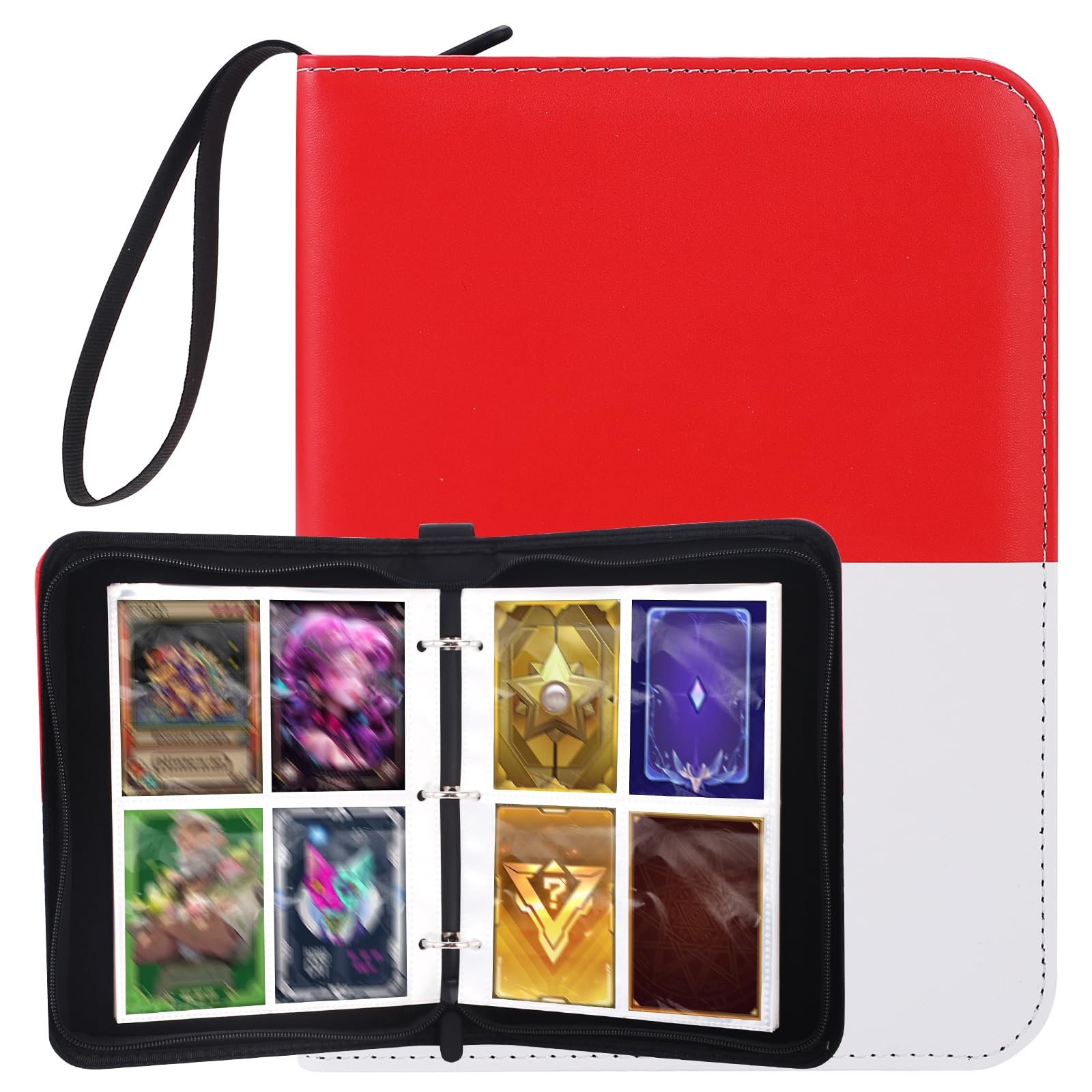 4 Pocket Card Binder, Removable 50 Pages 400 Pockets Trading Card Binder, PU Waterproof Card Collection Binder with Zipper, Portable Albums for Kids Adult Gifts (Red+White)