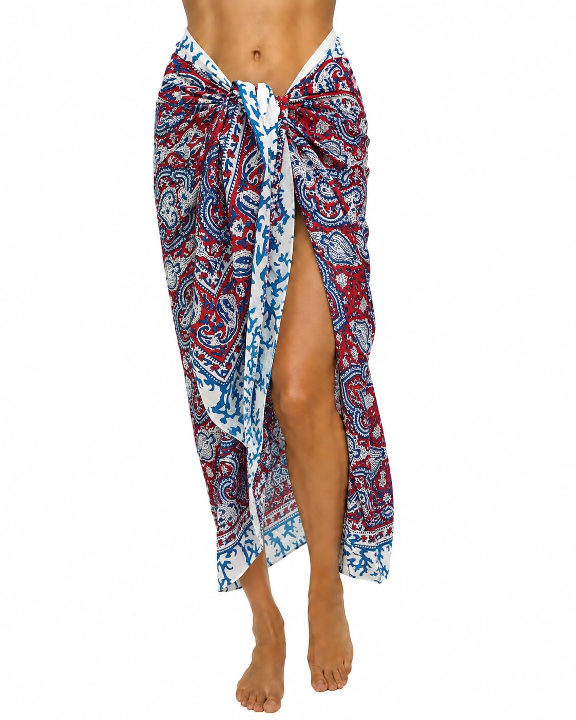Rastogi Handicrafts Sarong, Damen-Badeanzug, 100 % Baumwolle, Blockdruck von Hand, lang, 185,4 x 111,8 cm, Rot 5