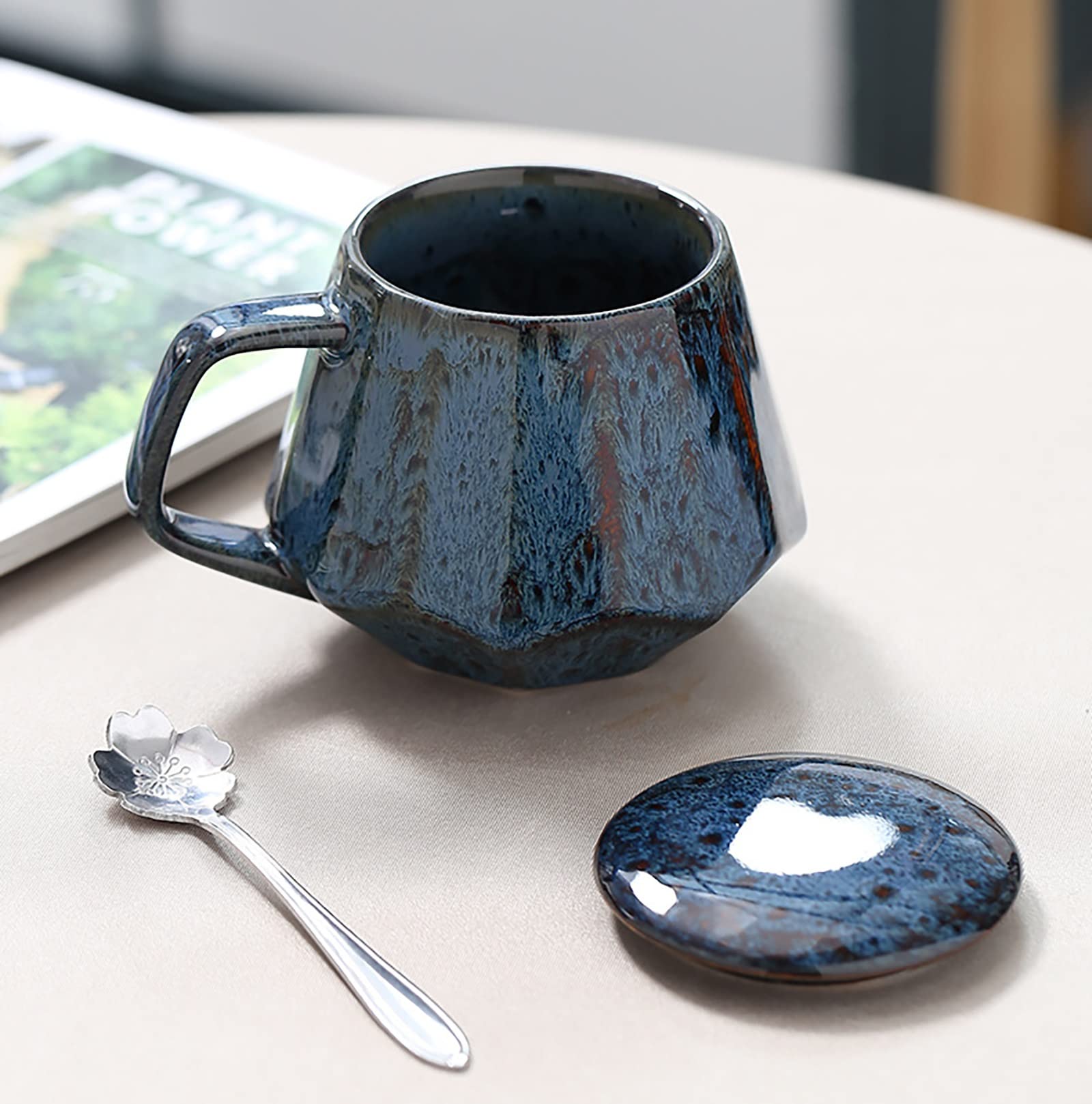 Kaffeetassen aus Keramik im Vintage-Stil, 340 ml, Espressotassen und Untertassen, einzigartige handgefertigte Tasse, kleine oder doppelte Espressotassen, Kaffeetasse mit Deckel (FA